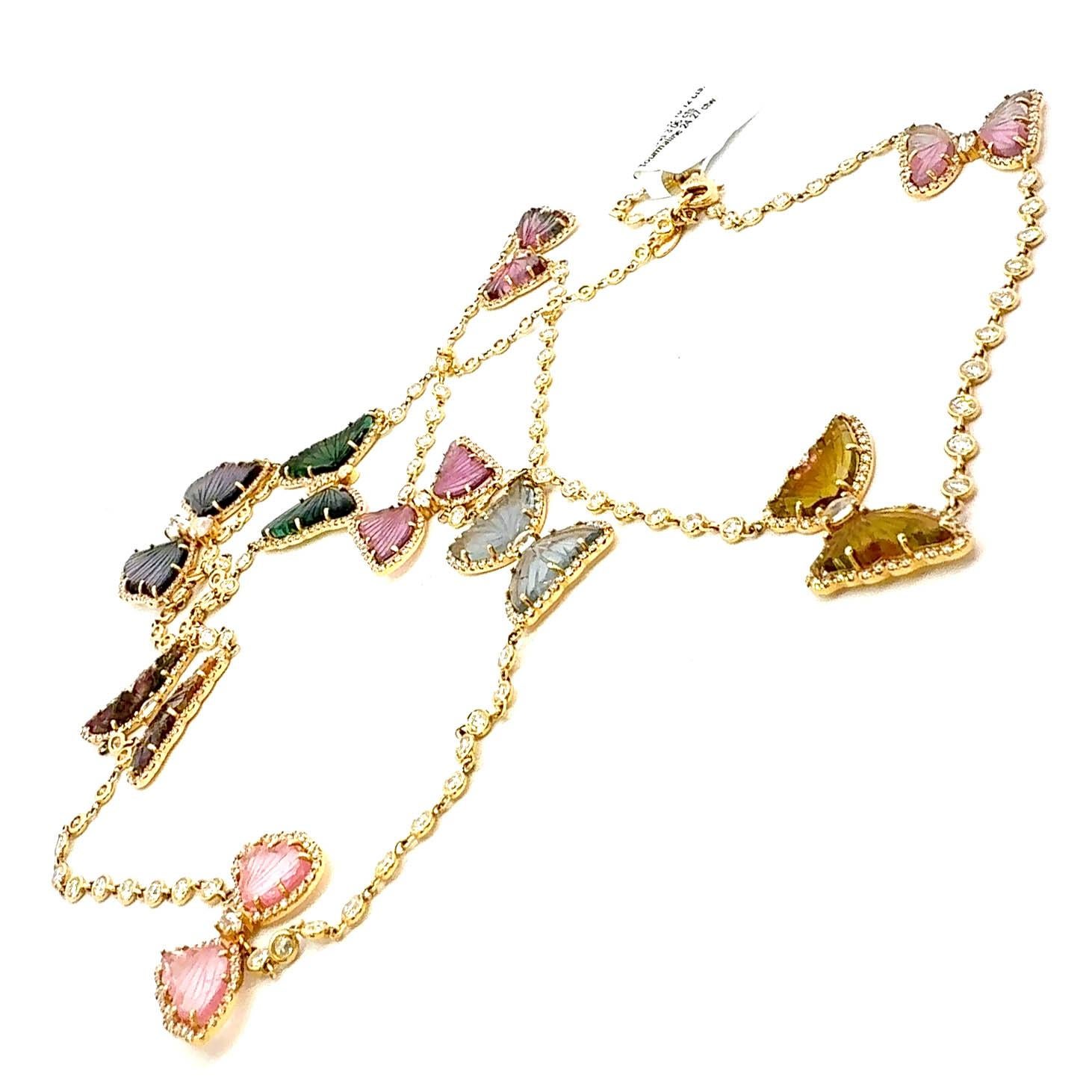 Tourmaline Diamond and Gemstone Butterfly Chain Necklace For Sale 6