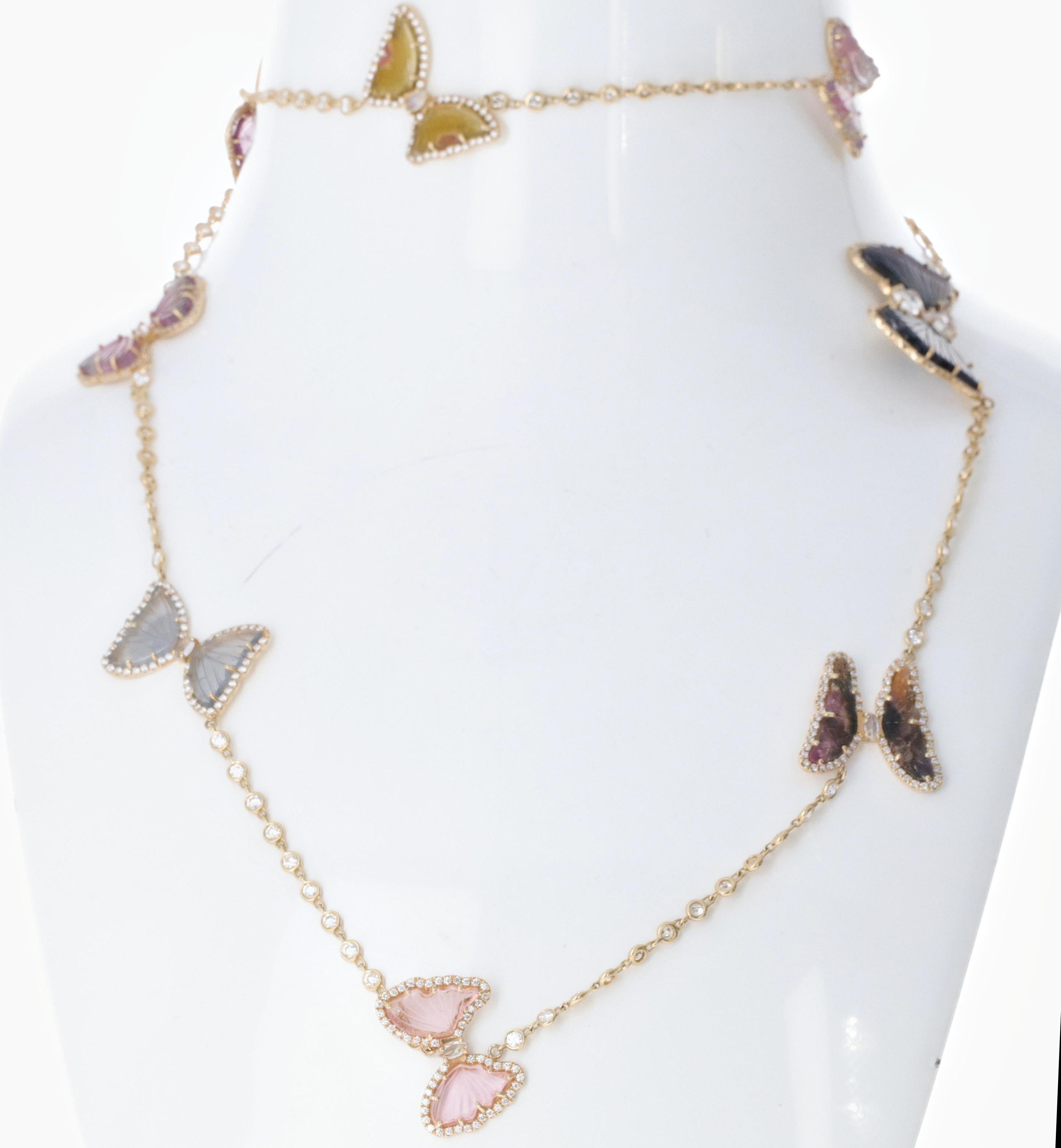 Contemporary Tourmaline Diamond and Gemstone Butterfly Chain Necklace For Sale