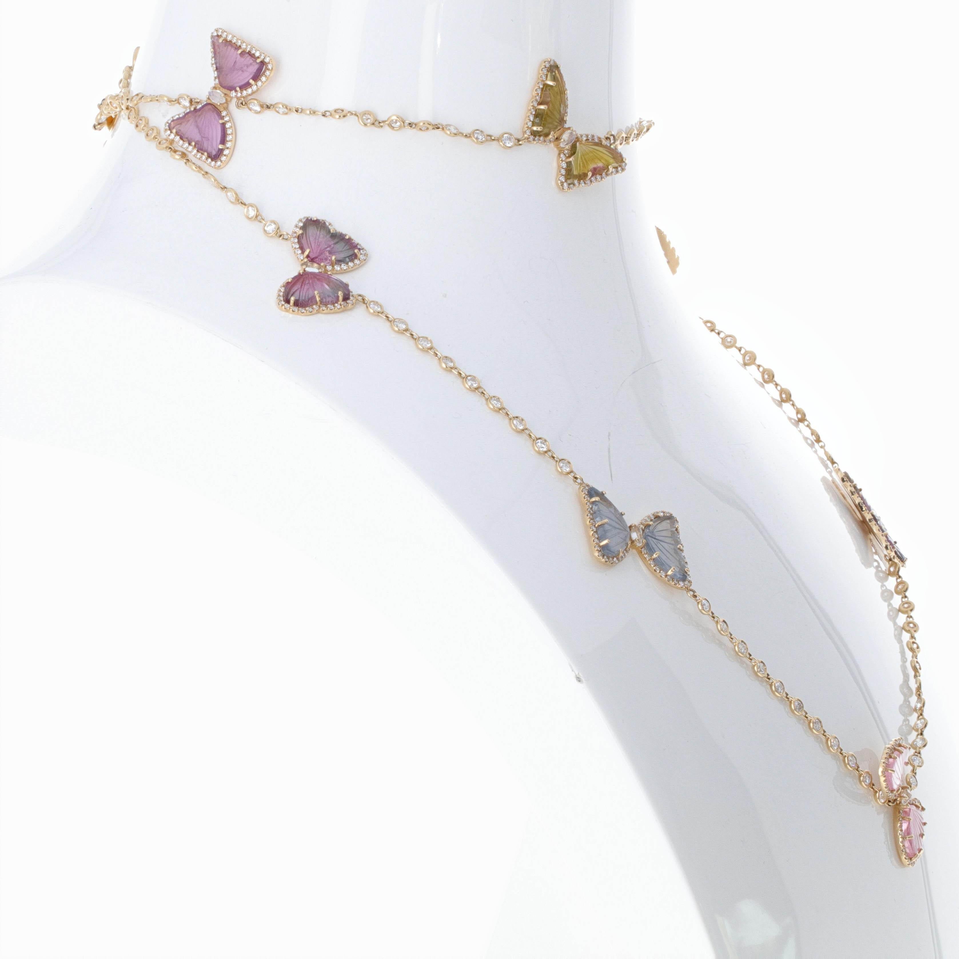 Mixed Cut Tourmaline Diamond and Gemstone Butterfly Chain Necklace For Sale