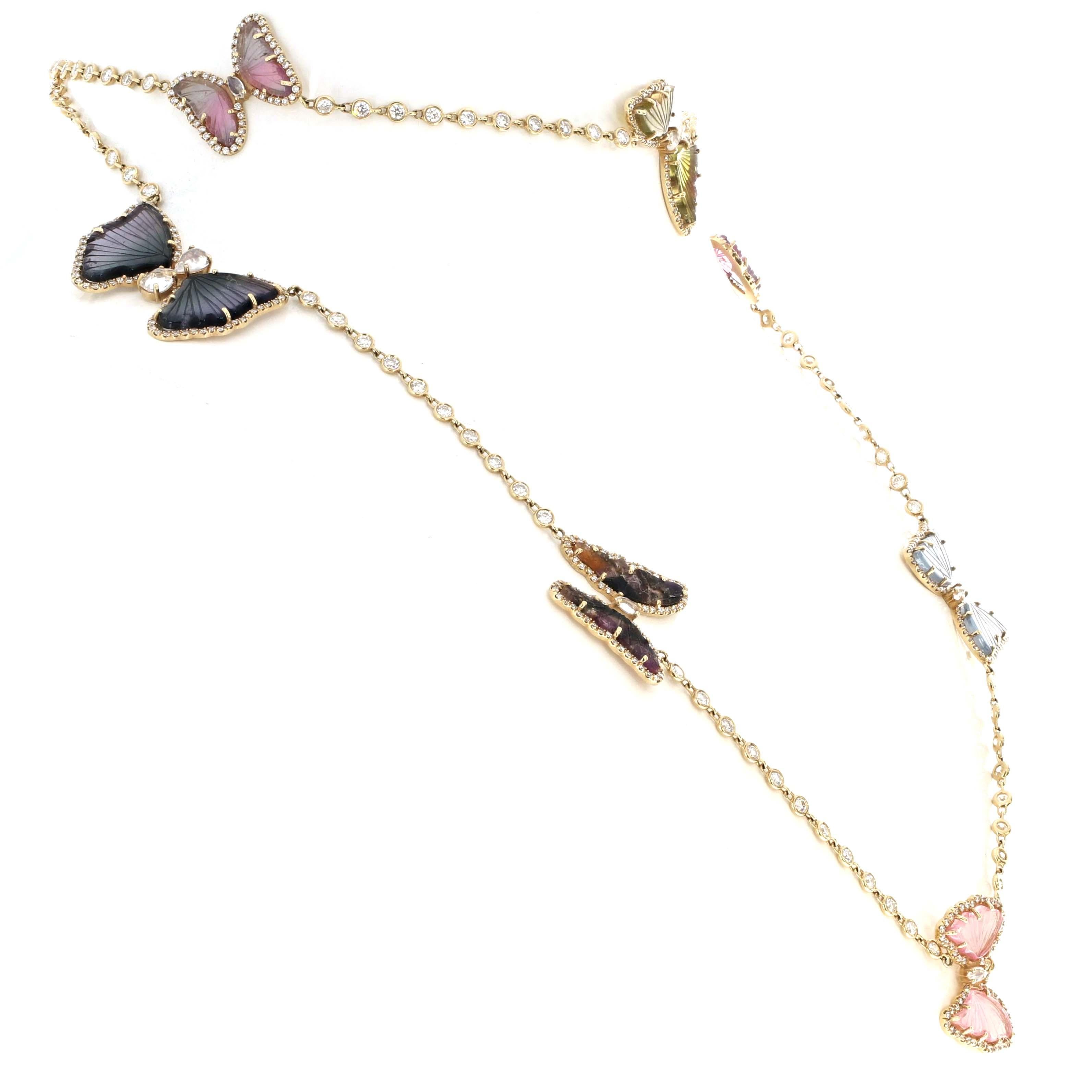 Women's Tourmaline Diamond and Gemstone Butterfly Chain Necklace For Sale