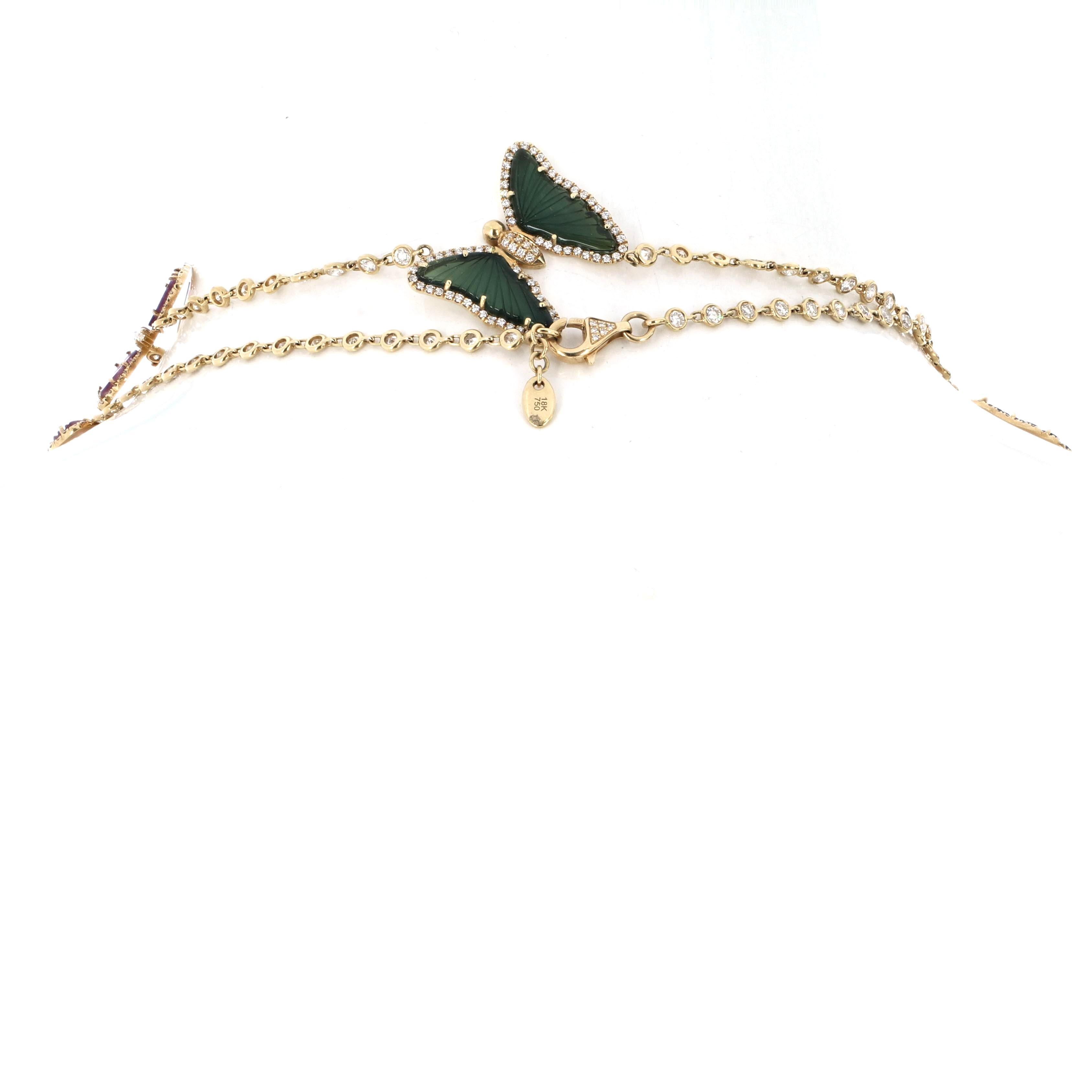 Tourmaline Diamond and Gemstone Butterfly Chain Necklace For Sale 1