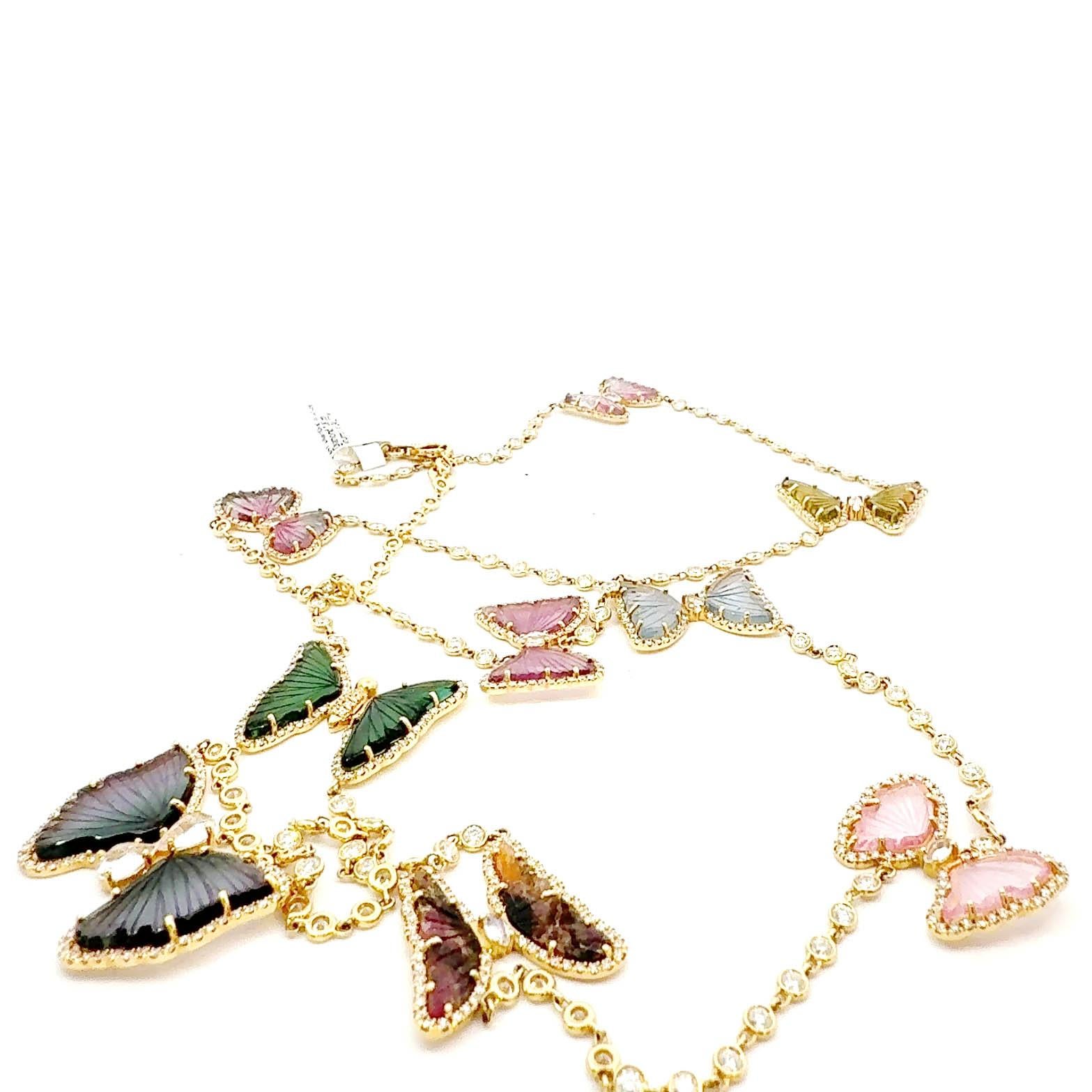 Tourmaline Diamond and Gemstone Butterfly Chain Necklace For Sale 2