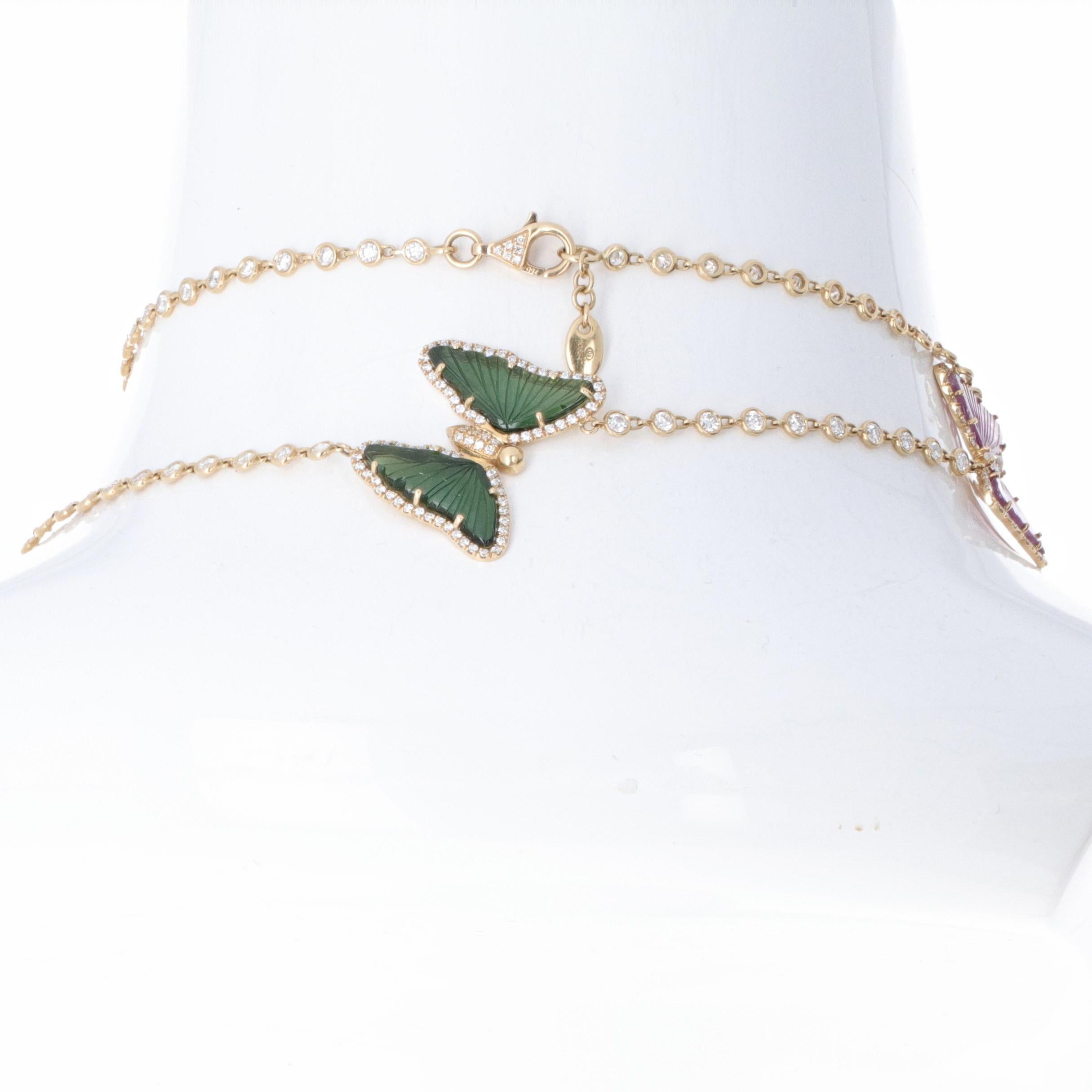 Tourmaline Diamond and Gemstone Butterfly Chain Necklace For Sale 3
