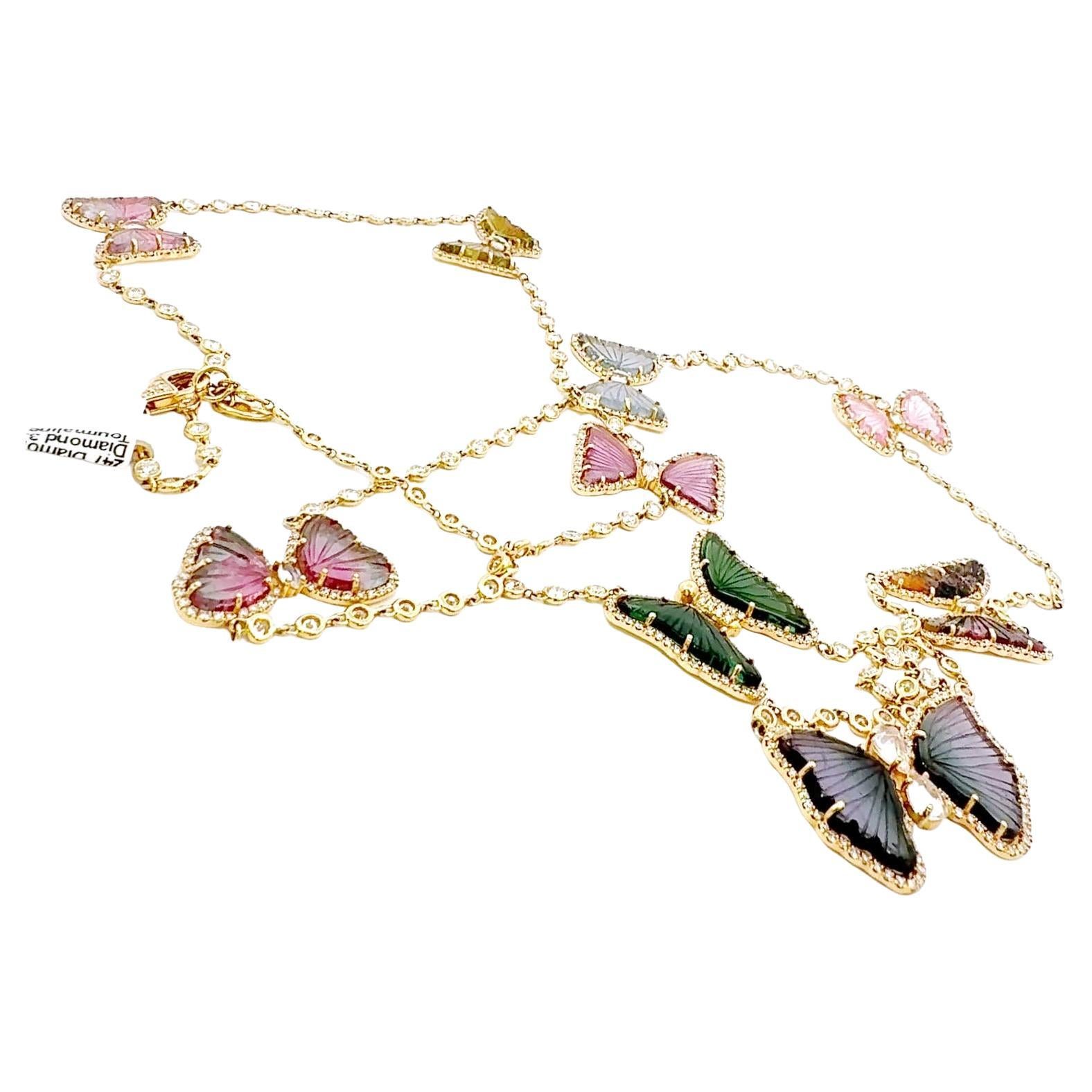 Tourmaline Diamond and Gemstone Butterfly Chain Necklace For Sale