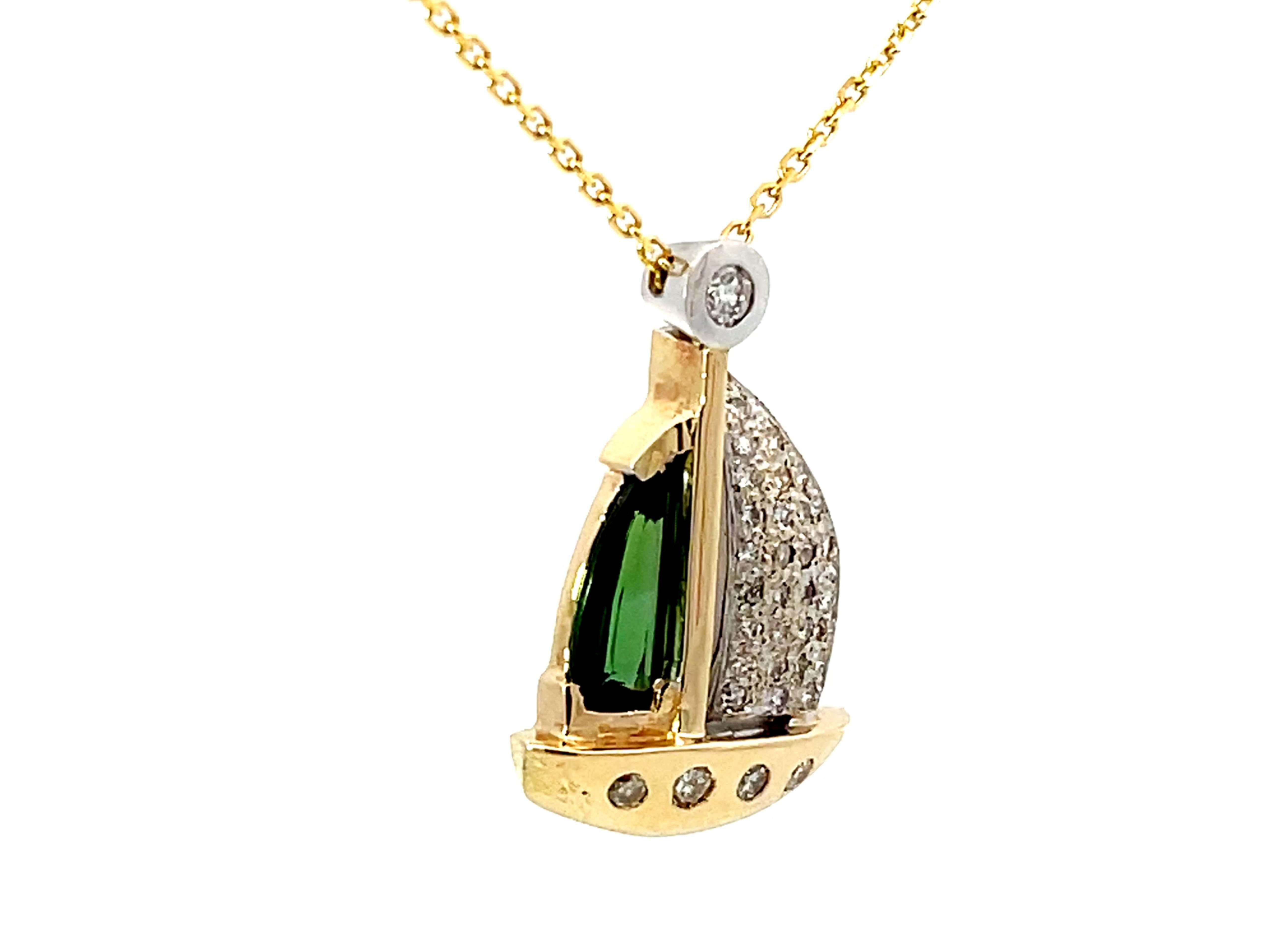 Modern Tourmaline Diamond Boat Necklace Solid 14k Yellow Gold For Sale