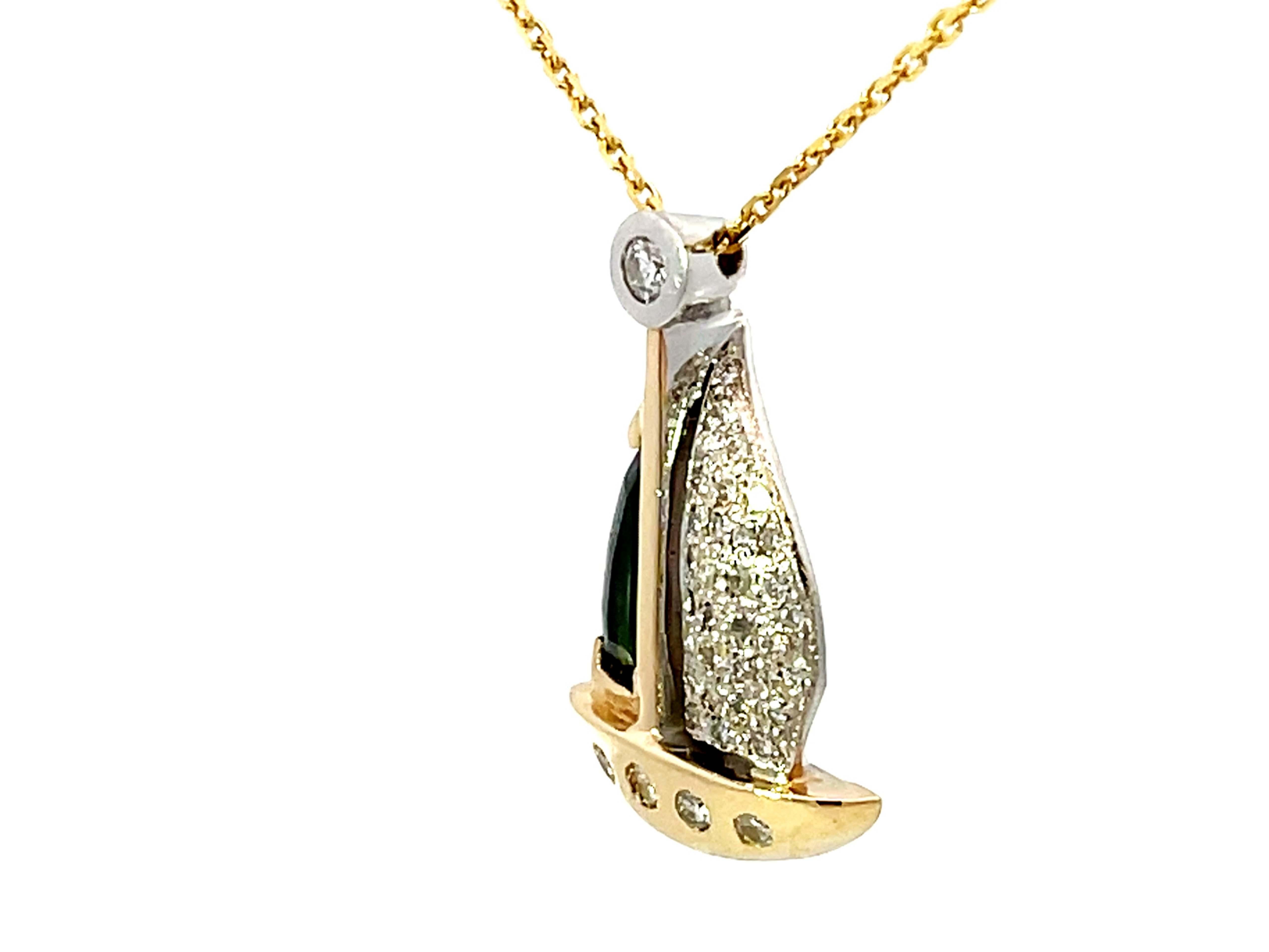 Brilliant Cut Tourmaline Diamond Boat Necklace Solid 14k Yellow Gold For Sale