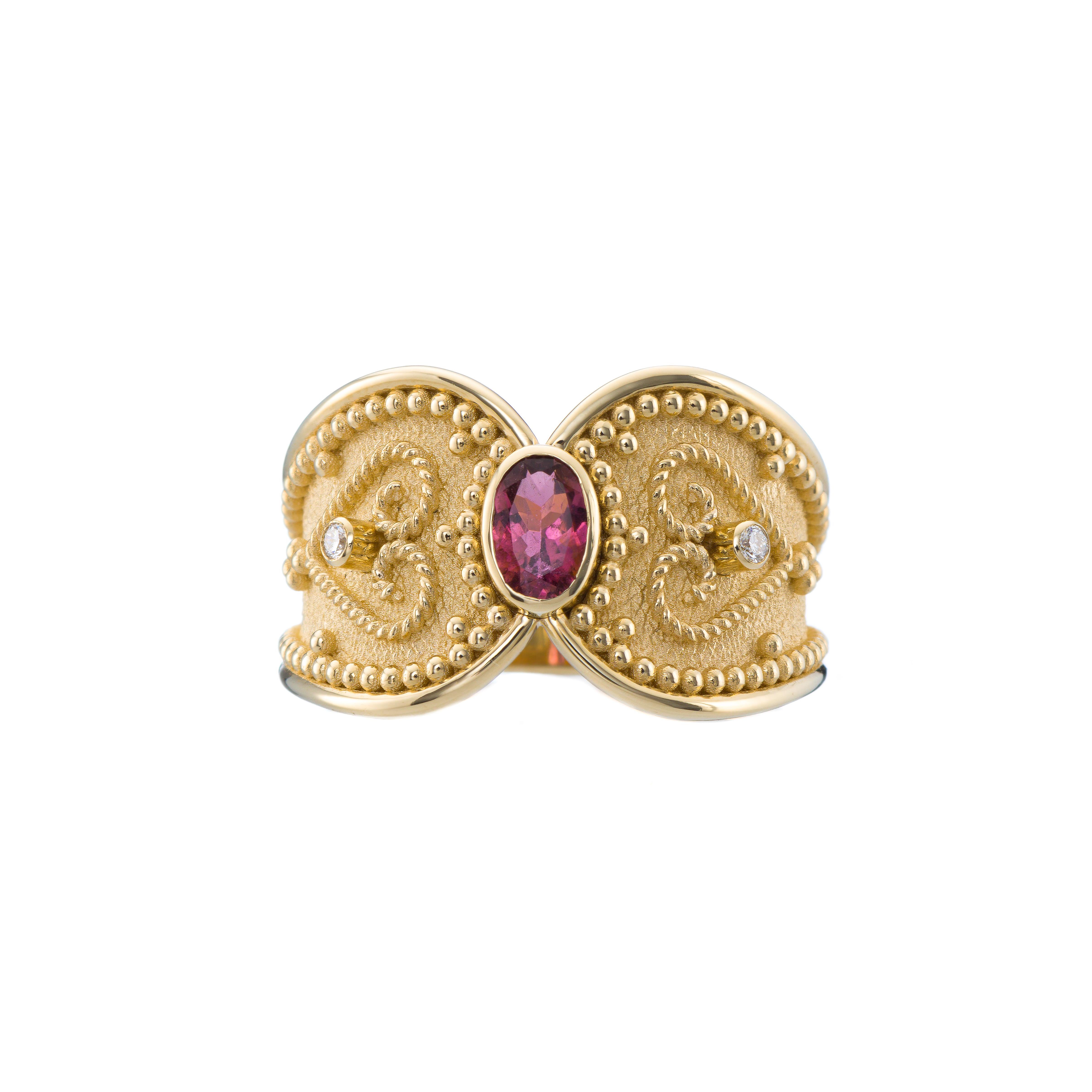 Tourmaline Diamond Byzantine Gold Ring In New Condition For Sale In Athens, GR