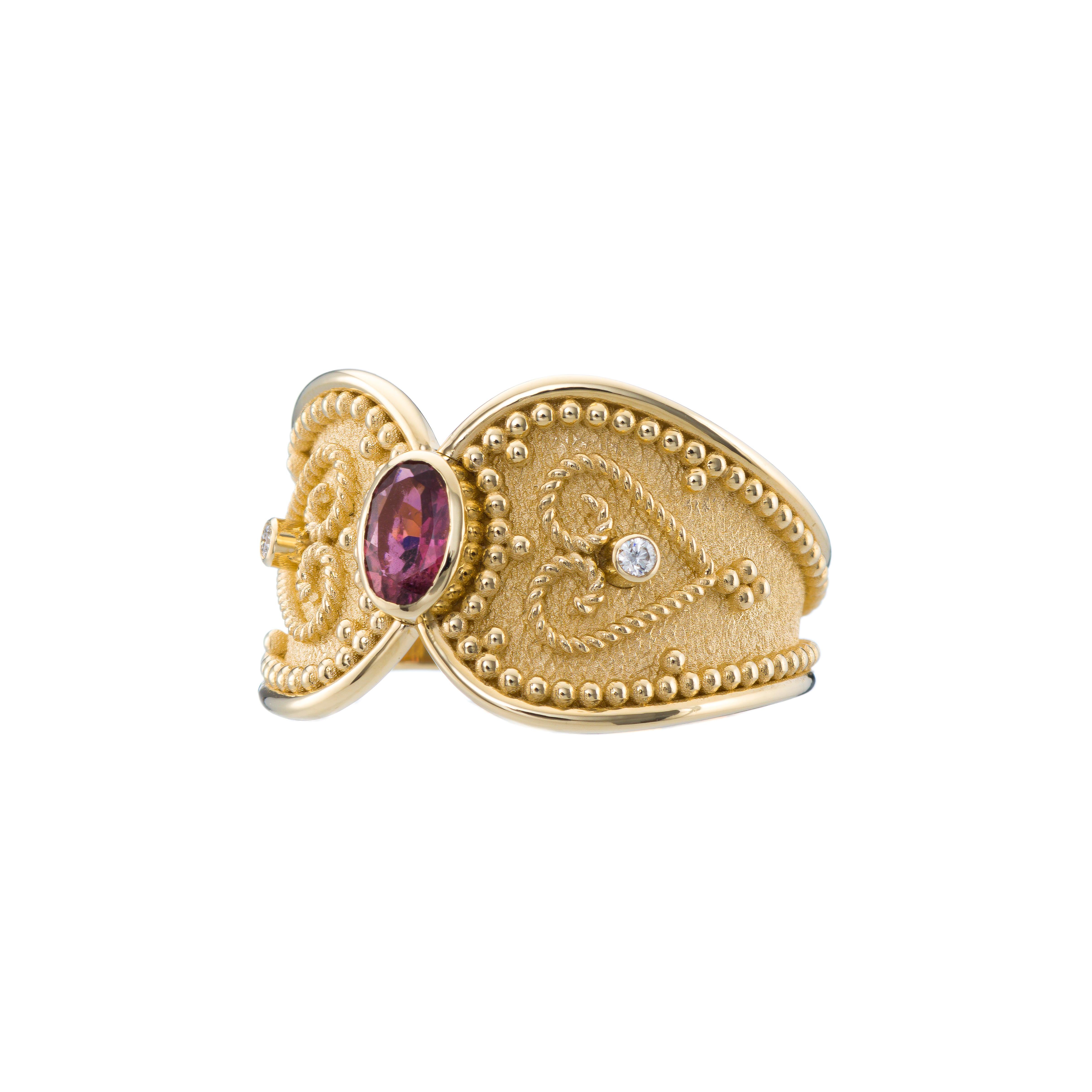 Tourmaline Diamond Byzantine Gold Ring For Sale 1
