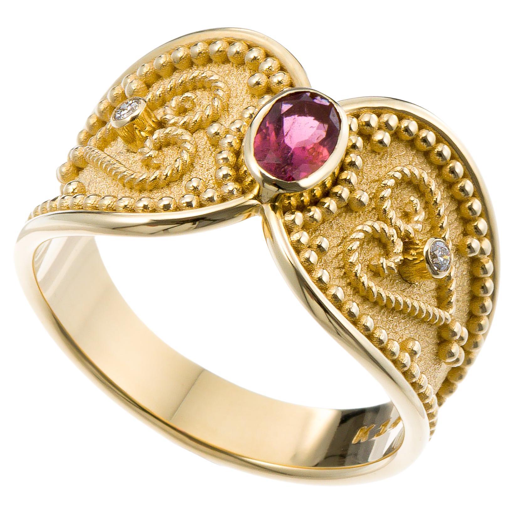 Tourmaline Diamond Byzantine Gold Ring For Sale