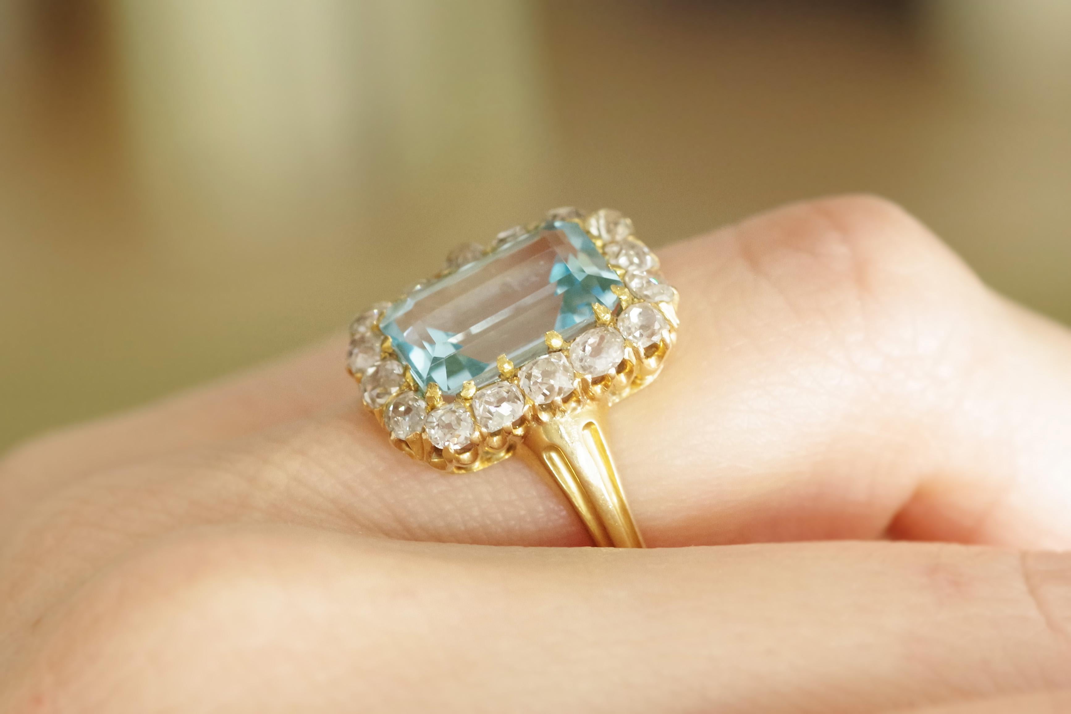 Late Victorian Blue topaz diamond ring in 18 karat yellow gold For Sale