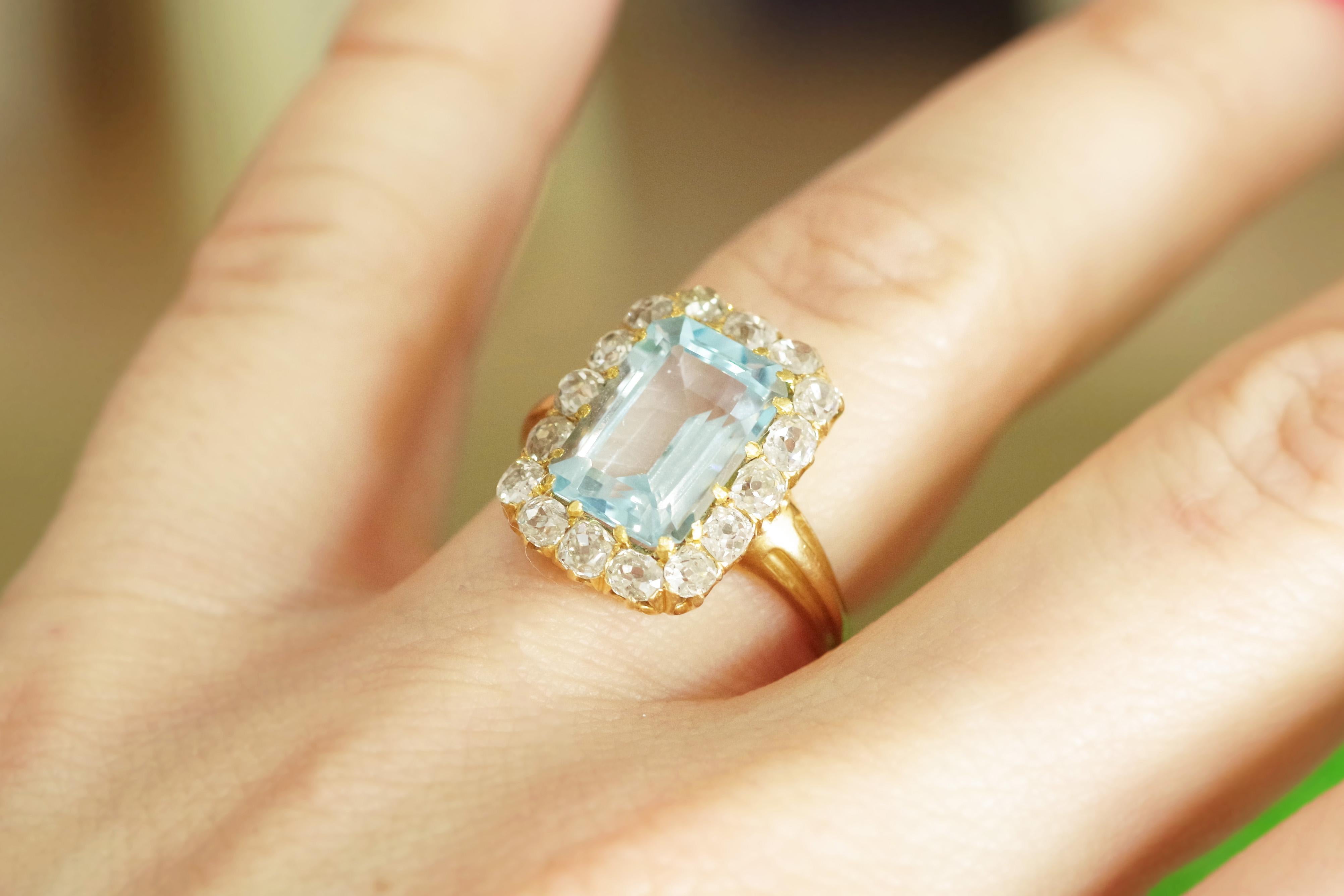 Emerald Cut Blue topaz diamond ring in 18 karat yellow gold For Sale