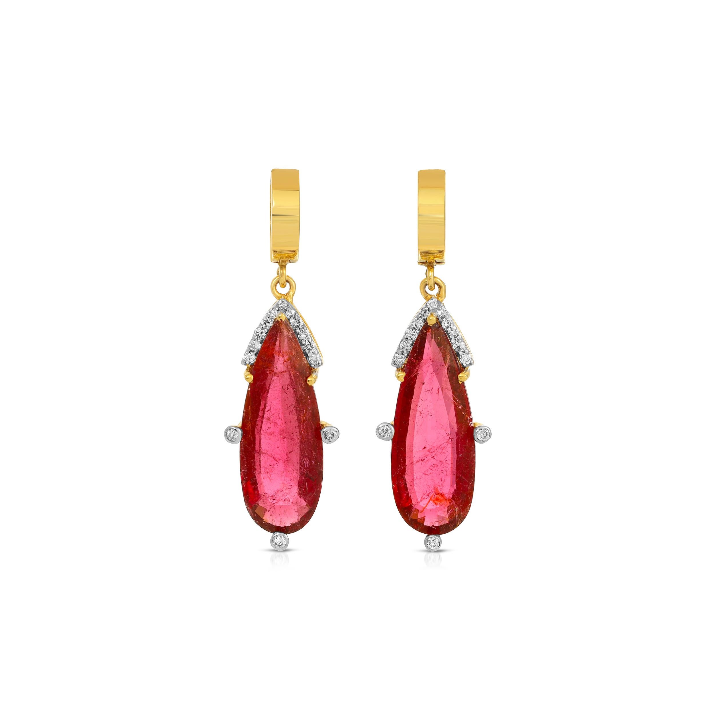 Spectacularly beautiful 18 Karat Gold drop earrings featuring contemporary design gold hoops suspending 12.80 Carats of pinkish-purple pear shaped Tourmalines set with Brilliant Cut White Diamonds and stylish diamond set 18 Karat White Gold claws.