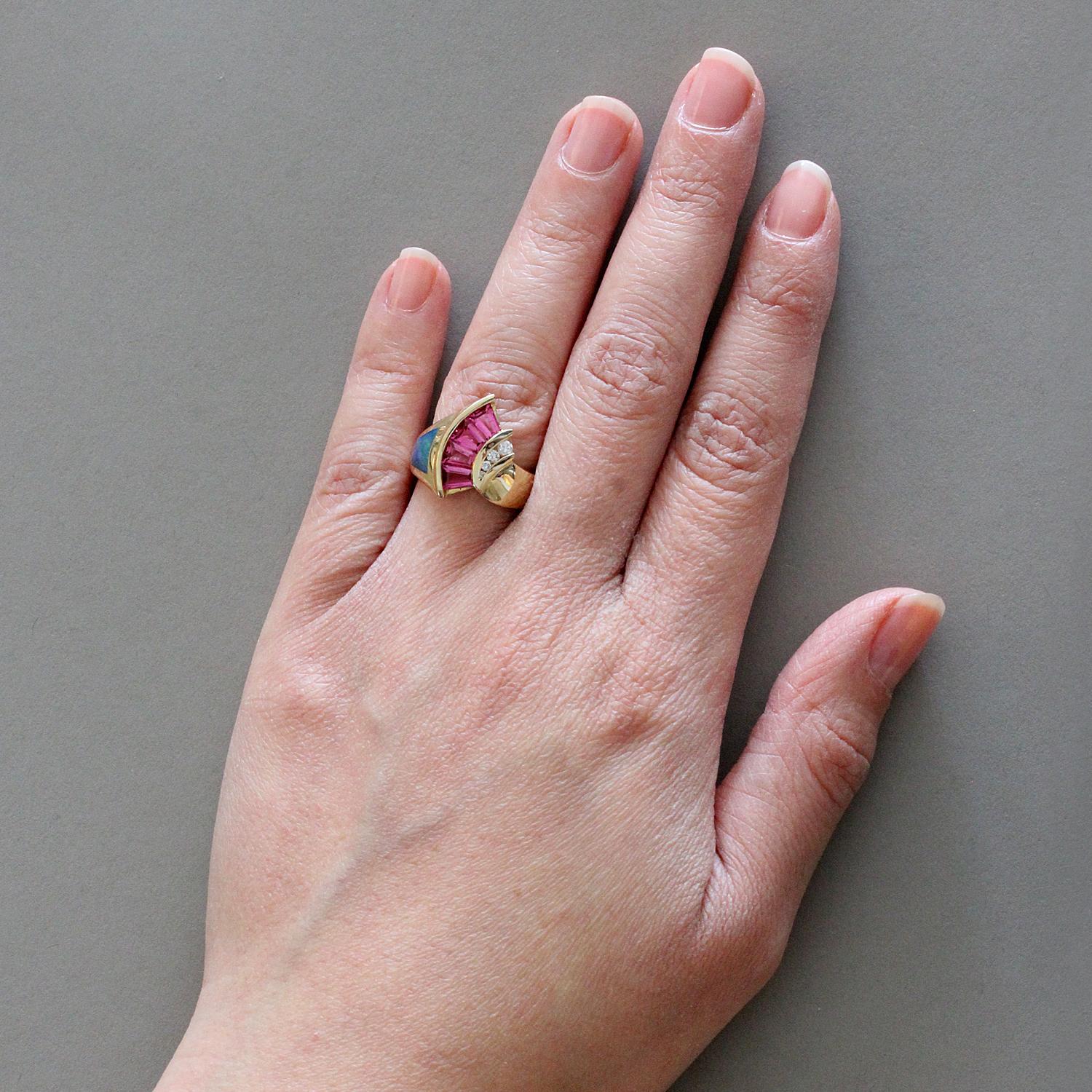 Estate Inlaid Opal Pink Tourmaline Diamond Gold Ring For Sale 1