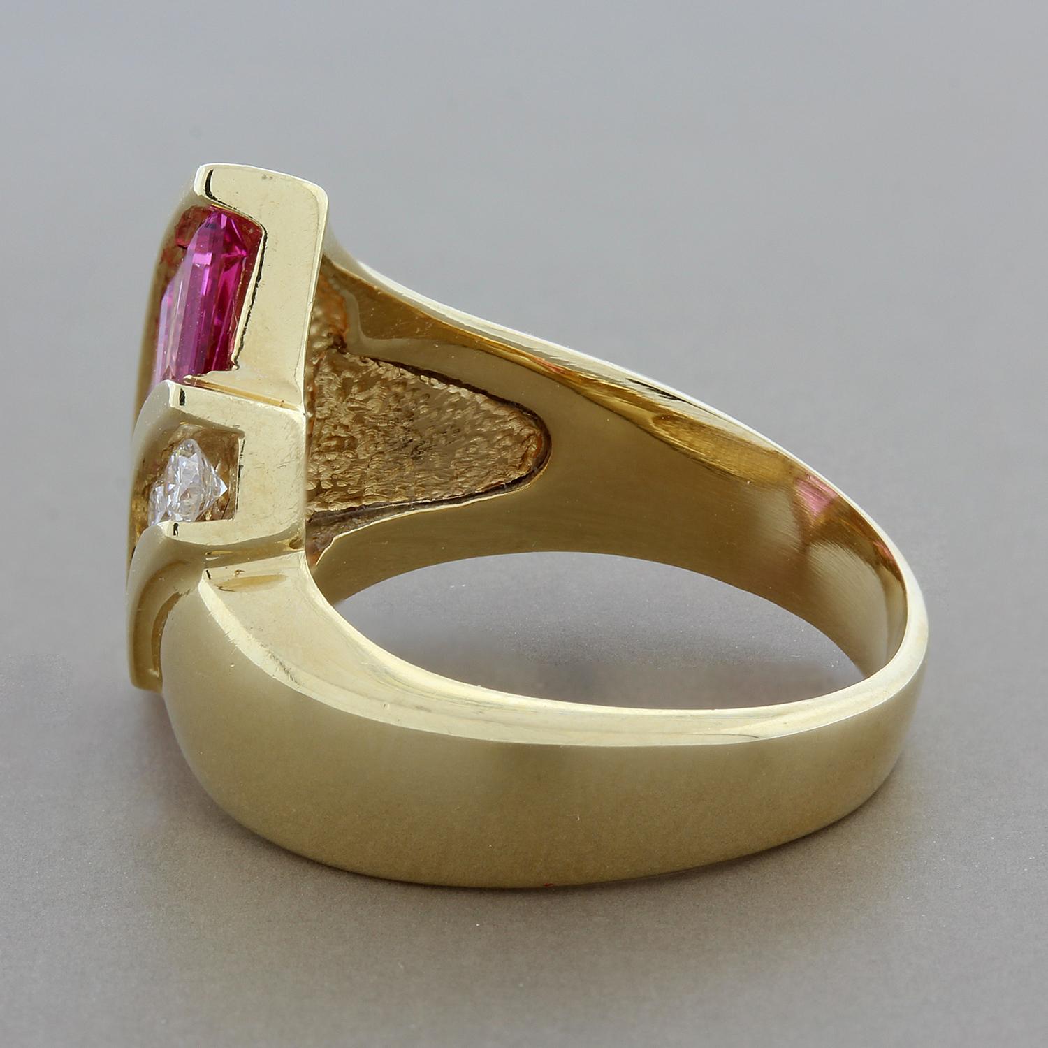 Estate Inlaid Opal Pink Tourmaline Diamond Gold Ring In Excellent Condition For Sale In Beverly Hills, CA