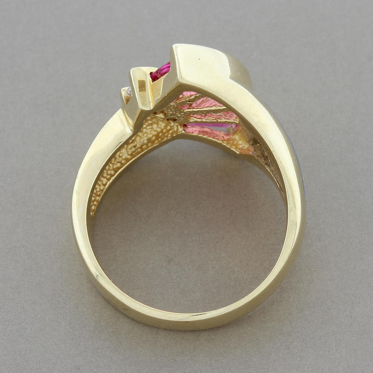 Women's Estate Inlaid Opal Pink Tourmaline Diamond Gold Ring For Sale