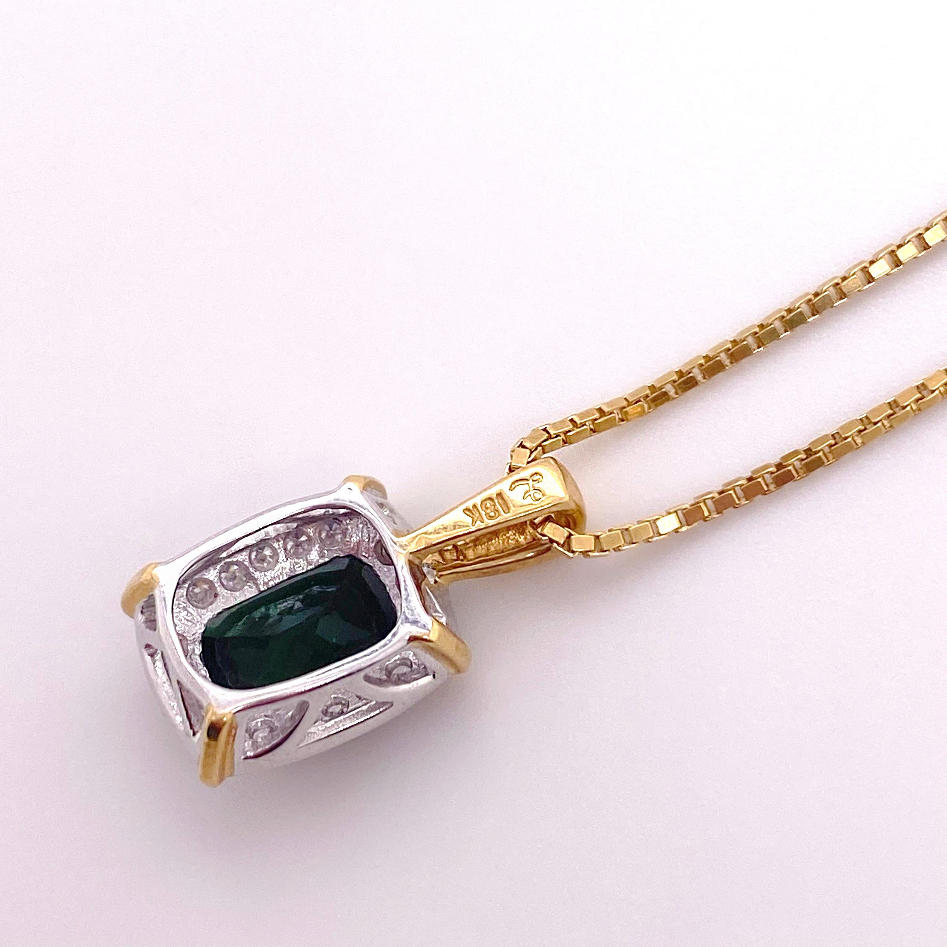 Cushion Cut Tourmaline Diamond Necklace, Mixed Metal, Cushion Tourmaline and Diamond Halo For Sale