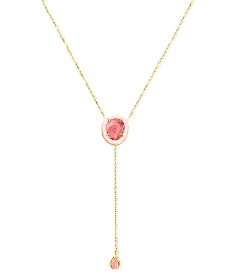 The Pink Tourmaline Diamond T Pendant features a rose pink Tourmaline in a setting of glossy pink enamel with a 'T' chain suspending a Diamond set pink Tourmaline. T Pendants feature natural, hand cut Tourmalines that have natural inclusions which