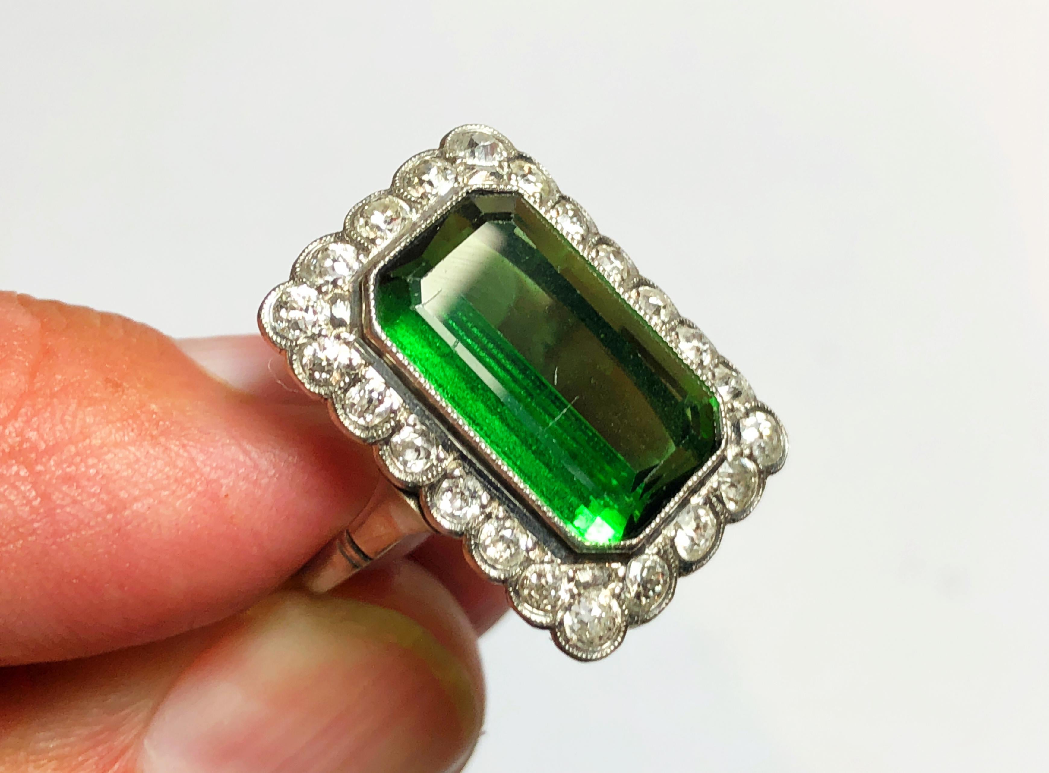 Tourmaline Diamond Platinum Cluster Ring  In Good Condition In London, GB