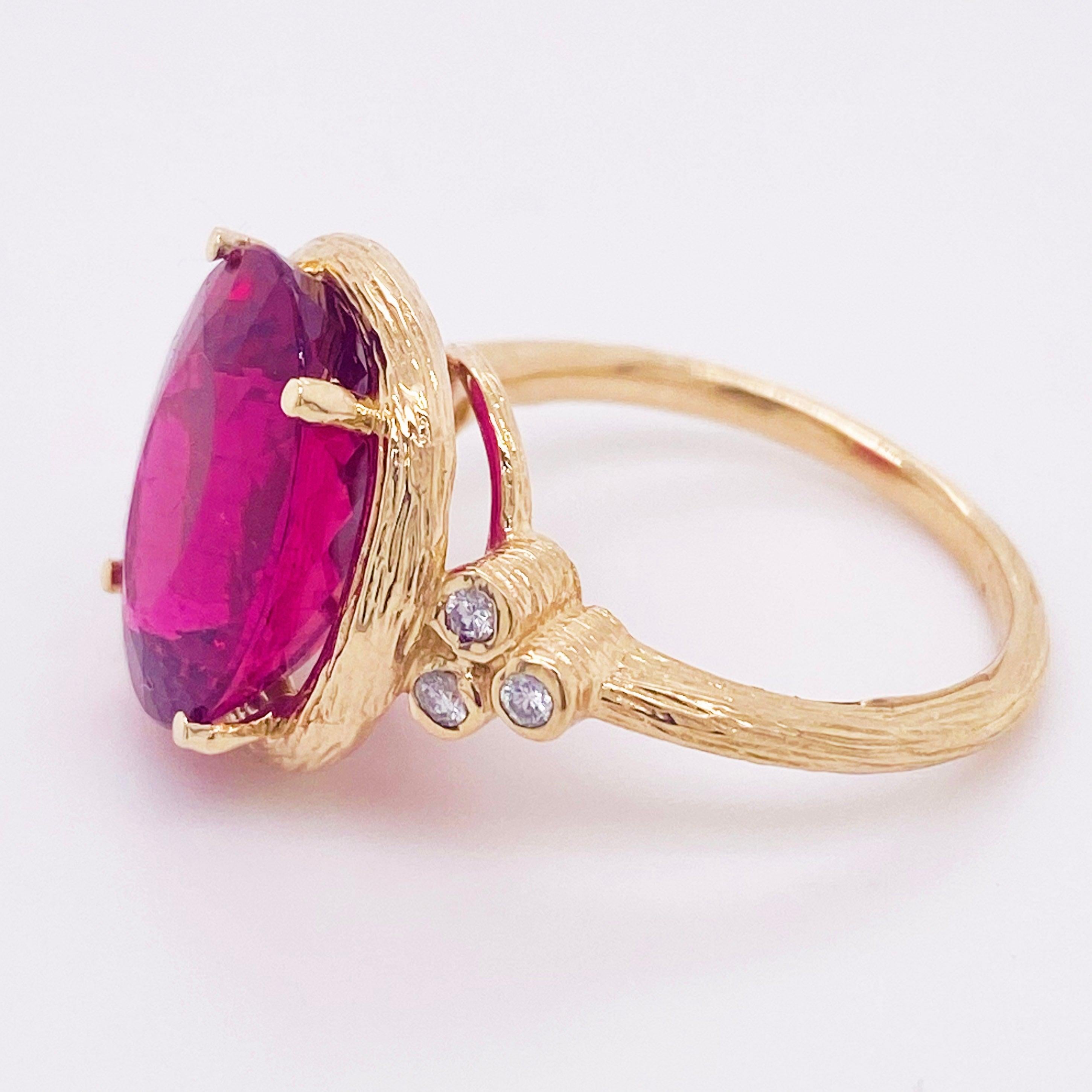 Tourmaline Diamond Ring, 14 Karat Yellow Gold, Pink, Rubellite, Statement 3