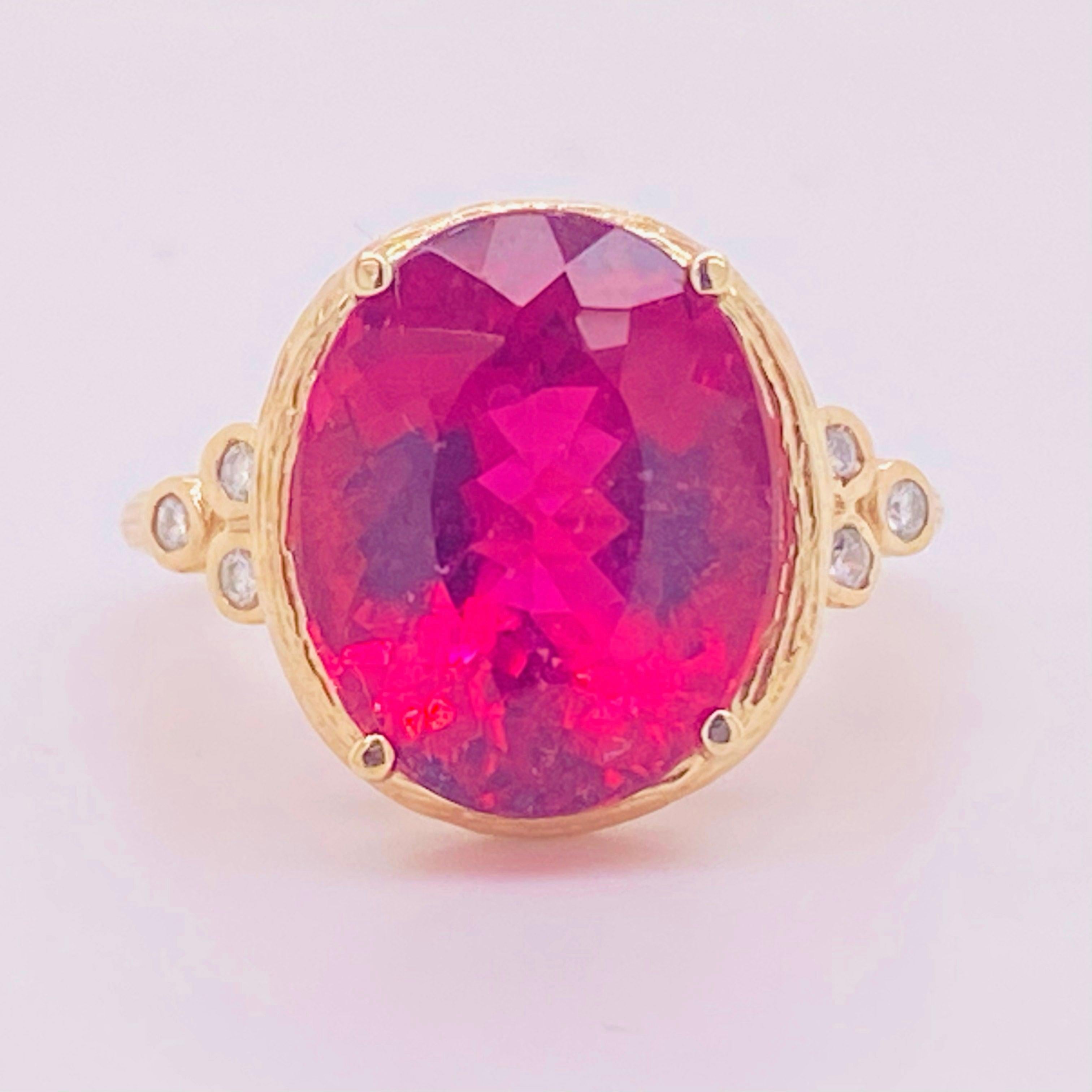 Tourmaline Diamond Ring, 14 Karat Yellow Gold, Pink, Rubellite, Statement 4