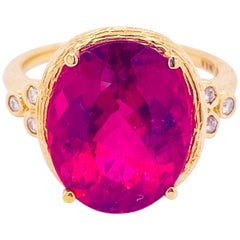 Tourmaline Diamond Ring, 14 Karat Yellow Gold, Pink, Rubellite, Statement