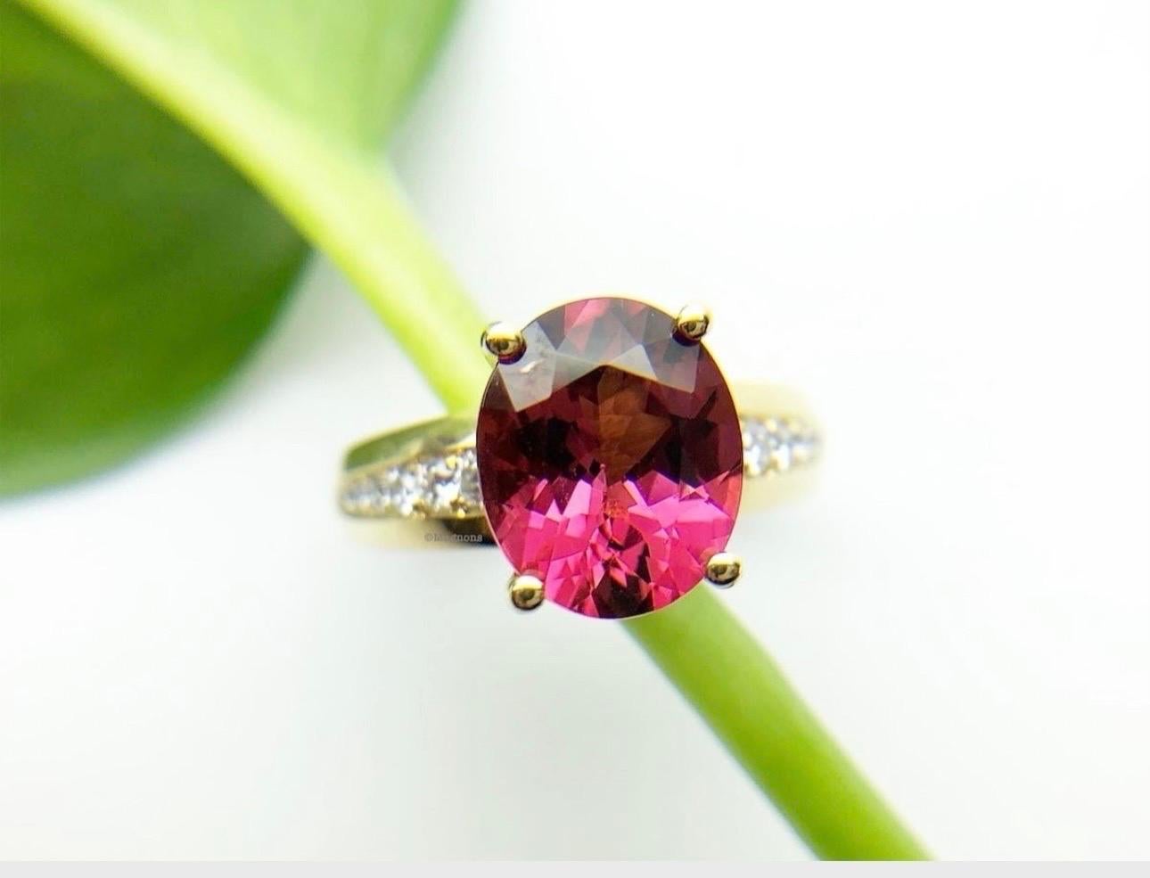 Oval Cut Tourmaline Diamond Ring 18KT yellow gold Cocktail ring deep pink gemstone For Sale