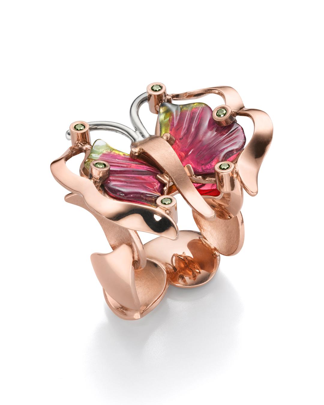 Turmalin Diamant Ring Rotgold 14 Karat (Gemischter Schliff) im Angebot