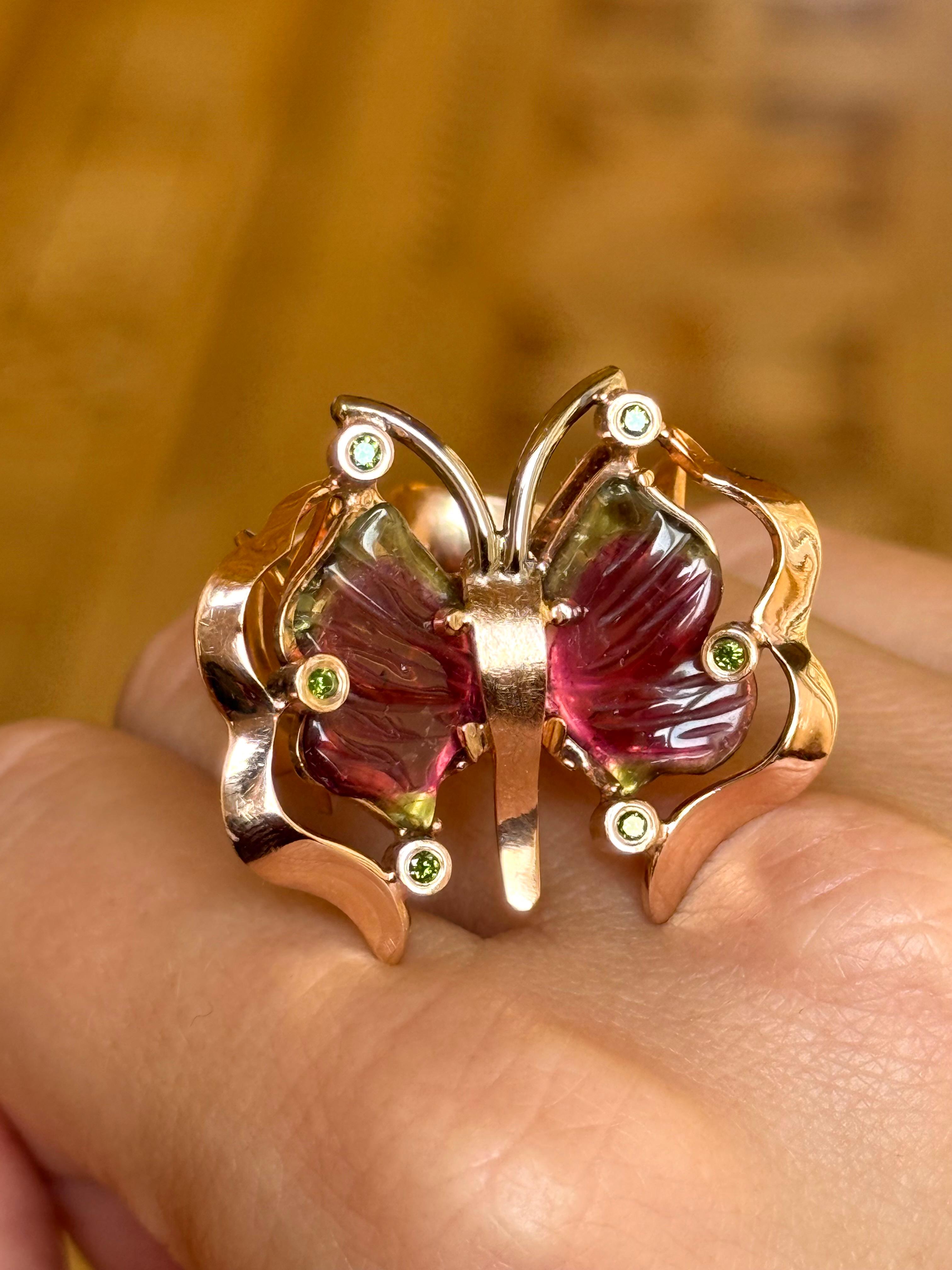 Turmalin Diamant Ring Rotgold 14 Karat im Angebot 1