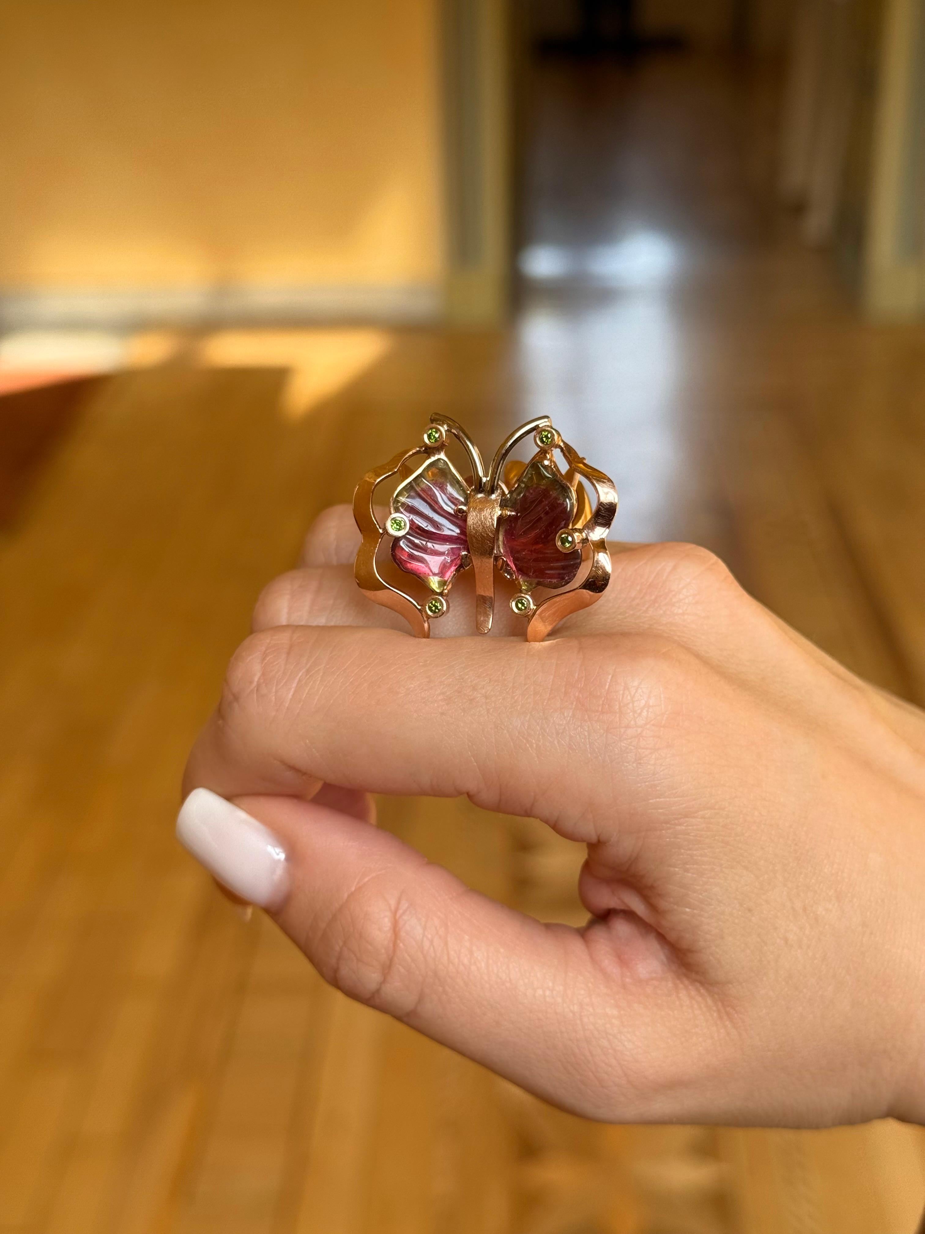 Turmalin Diamant Ring Rotgold 14 Karat im Angebot 2