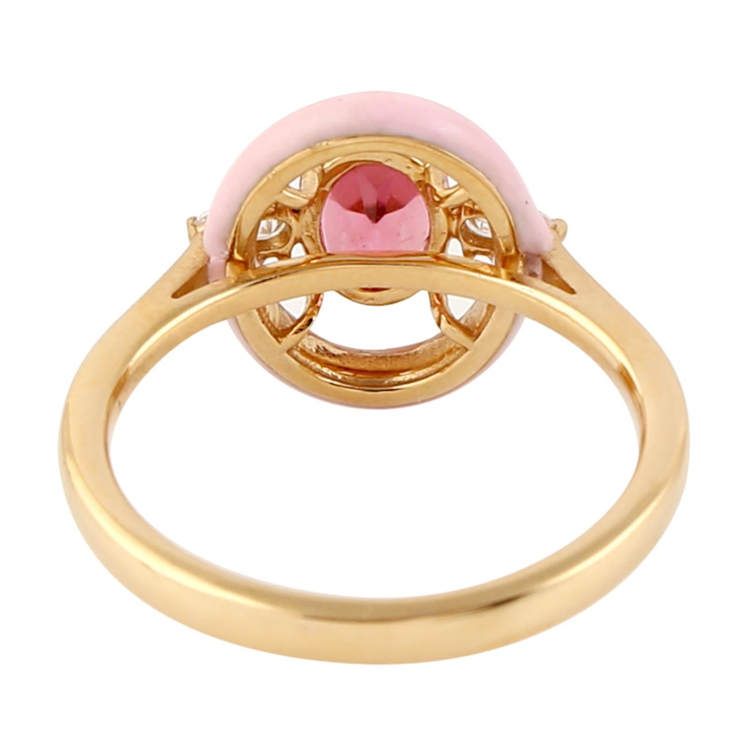 Artisan Tourmaline & Diamond Ring With Pink Enamel Made In 18k Yellow Gold For Sale