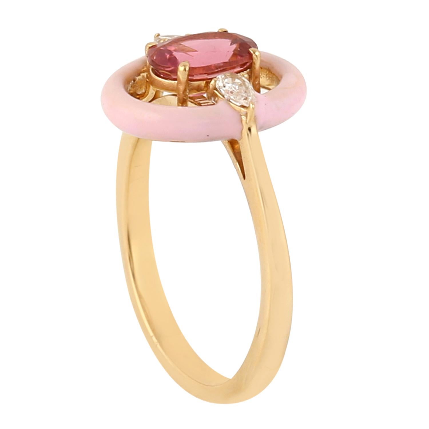 Mixed Cut Tourmaline & Diamond Ring With Pink Enamel Made In 18k Yellow Gold For Sale