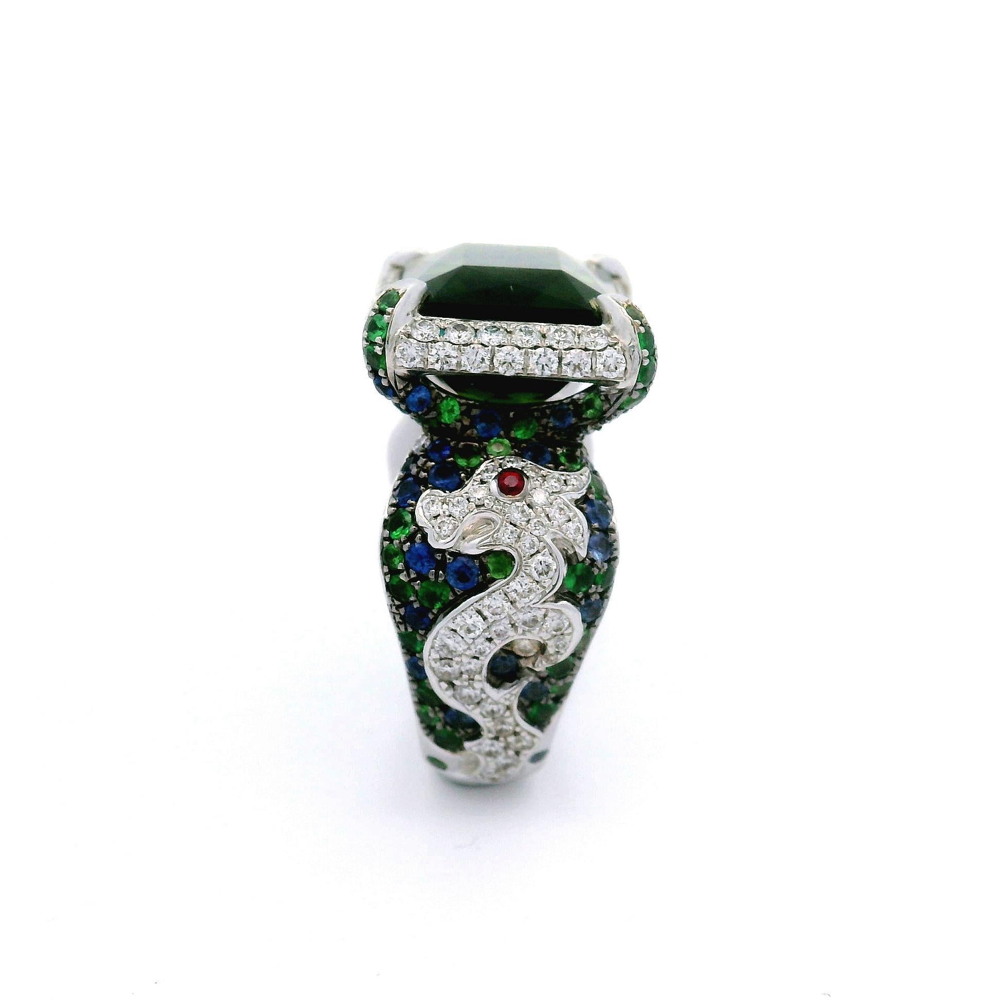Tourmaline Diamant Rubis Tsavorite Saphir Or blanc 18k Bague Cocktail Pour femmes en vente