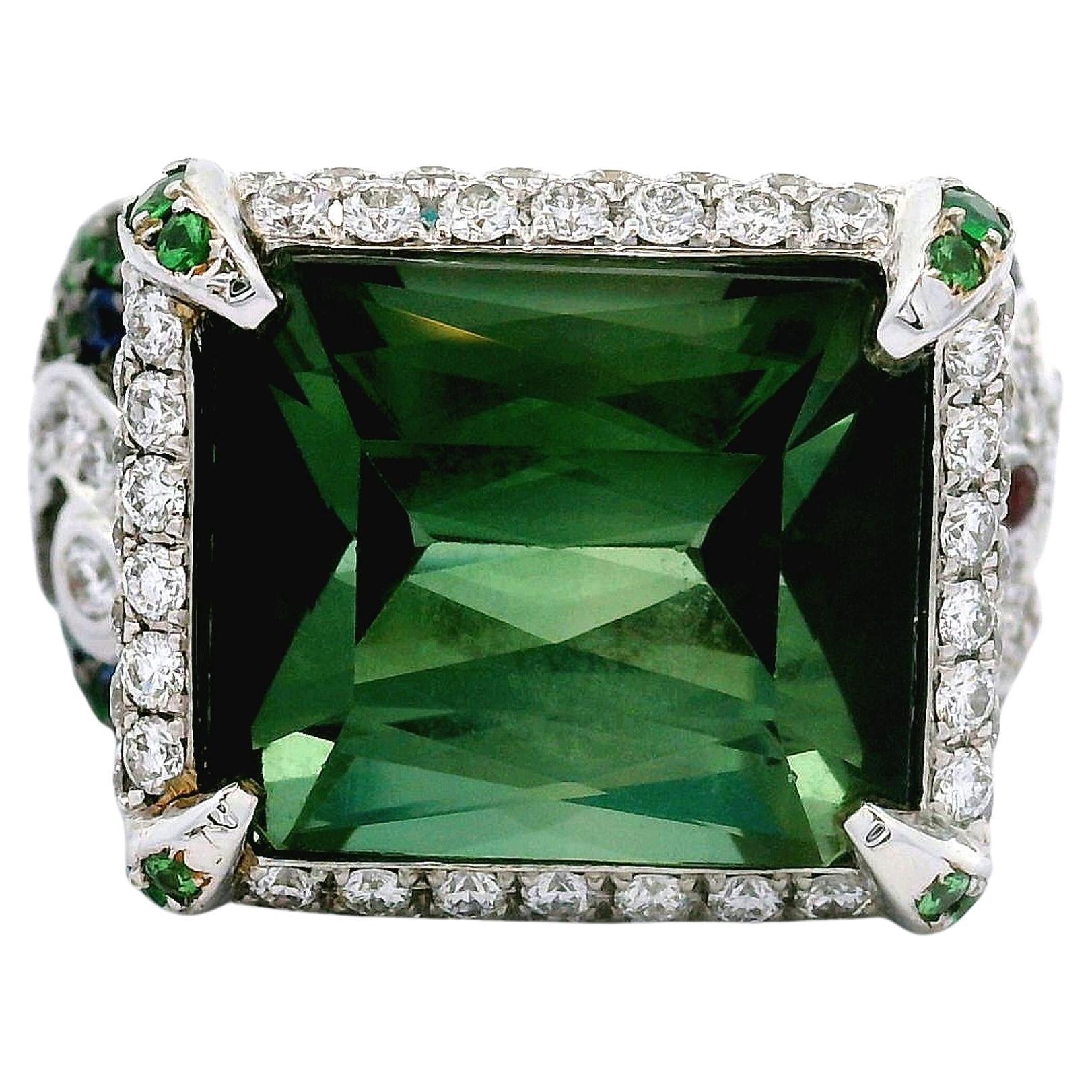 Tourmaline Diamond Ruby Tsavorite Sapphire 18k White Gold Cocktail Ring