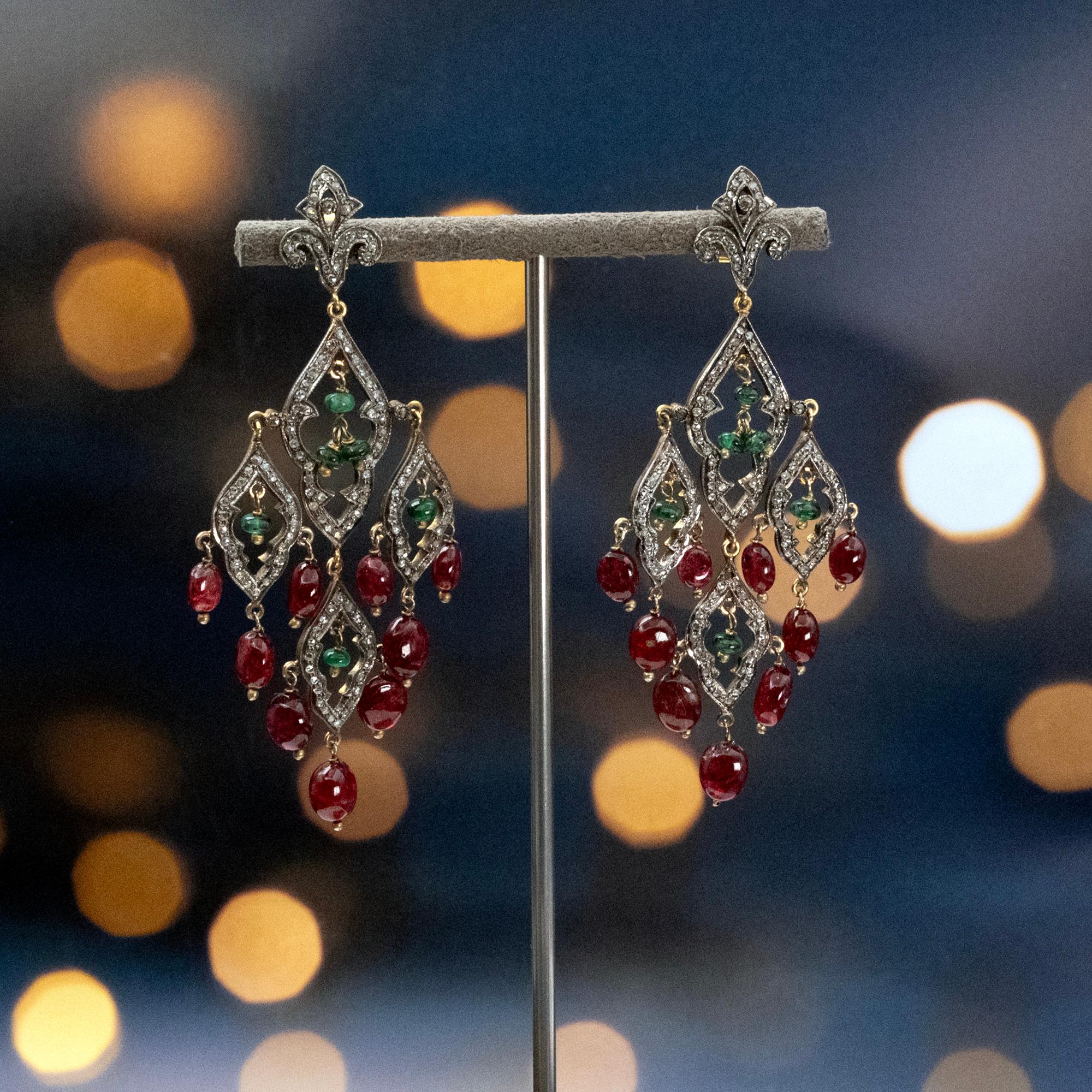 Perle Boucles d'oreilles chandelier Tourmaline Diamant Argent sur Or en vente