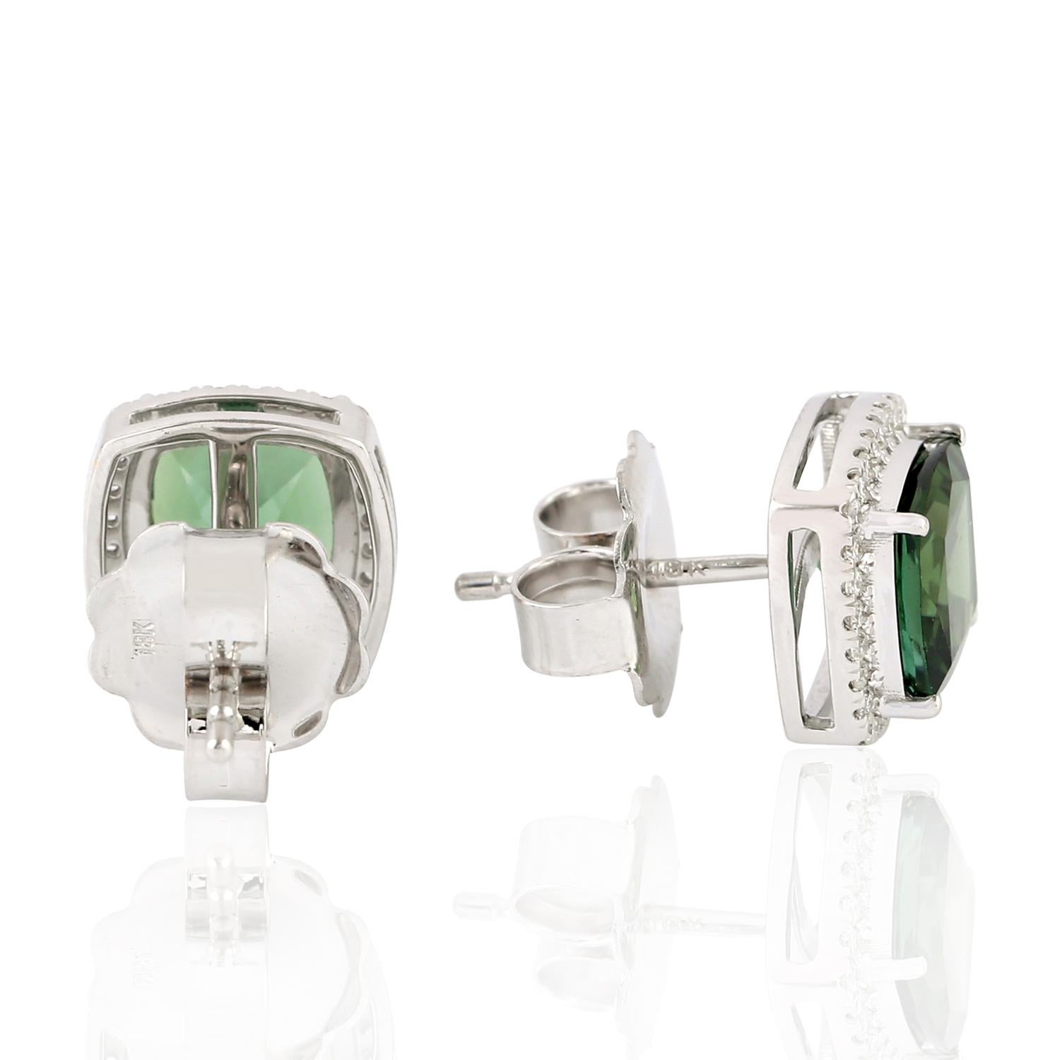 Modern Tourmaline Diamond Stud 14 Karat Gold Earrings For Sale