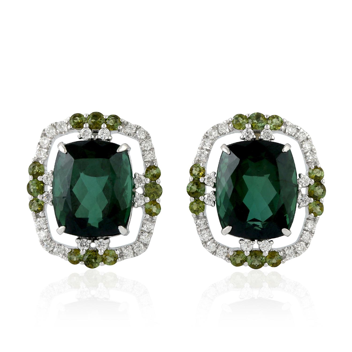 Mixed Cut Tourmaline Diamond Stud 18 Karat Gold Earrings For Sale