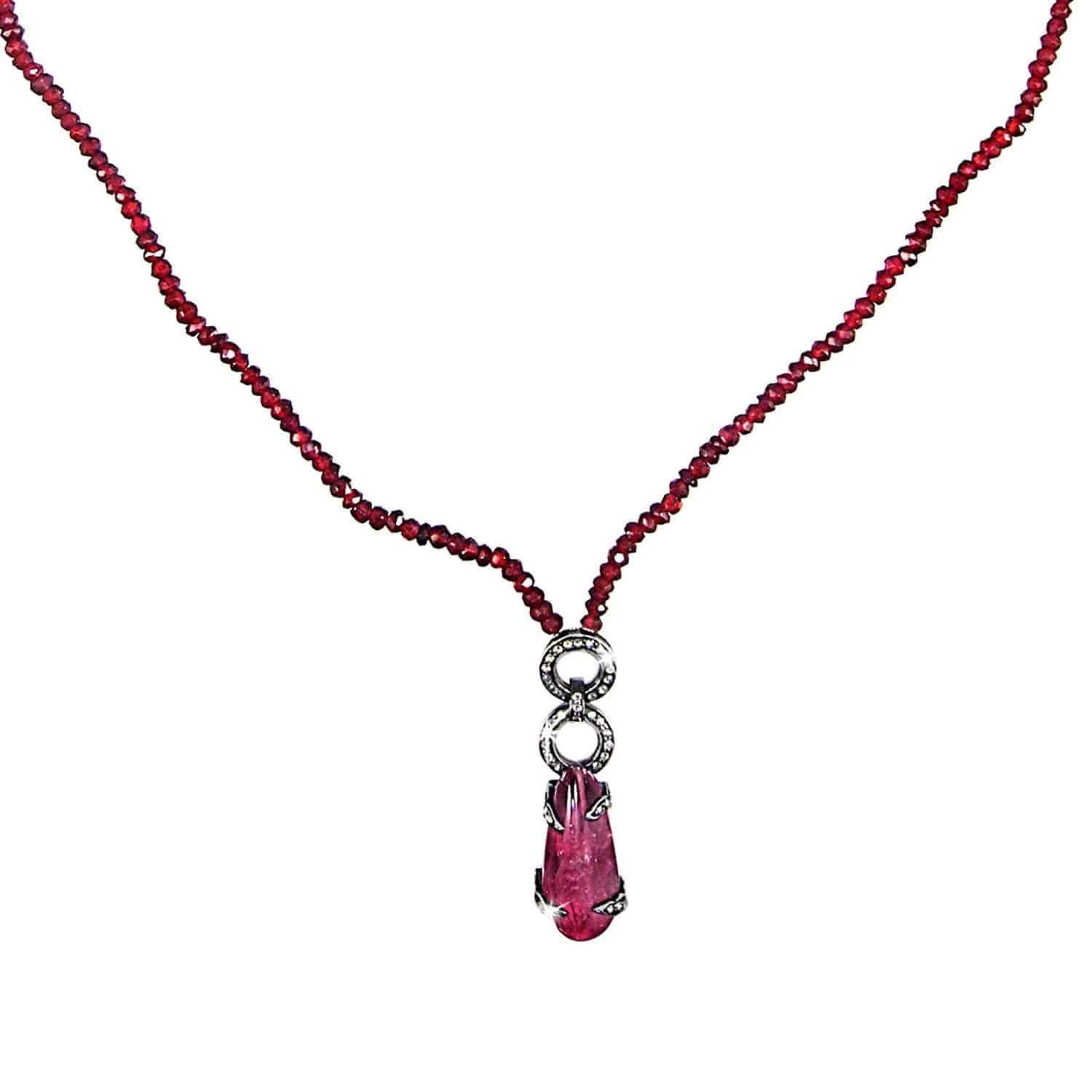 Pink Tourmaline & Diamond Garnet Chain  Necklace In New Condition In Los Angeles, CA
