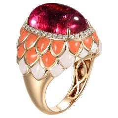Tourmaline Diamond with Enamel Cocktail Ring in 14 Karat Yellow Gold