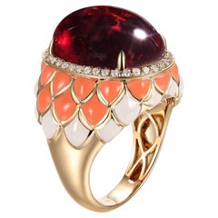 Tourmaline Diamond with Enamel Cocktail Ring in 14 Karat Yellow Gold