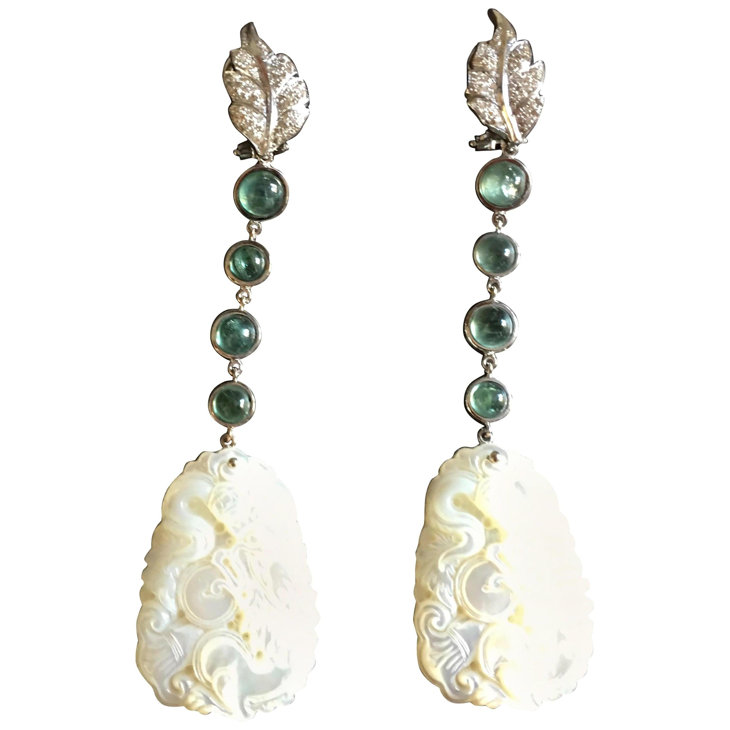 Tourmaline Diamonds 18 Karat White Gold White Dragon Earrings For Sale