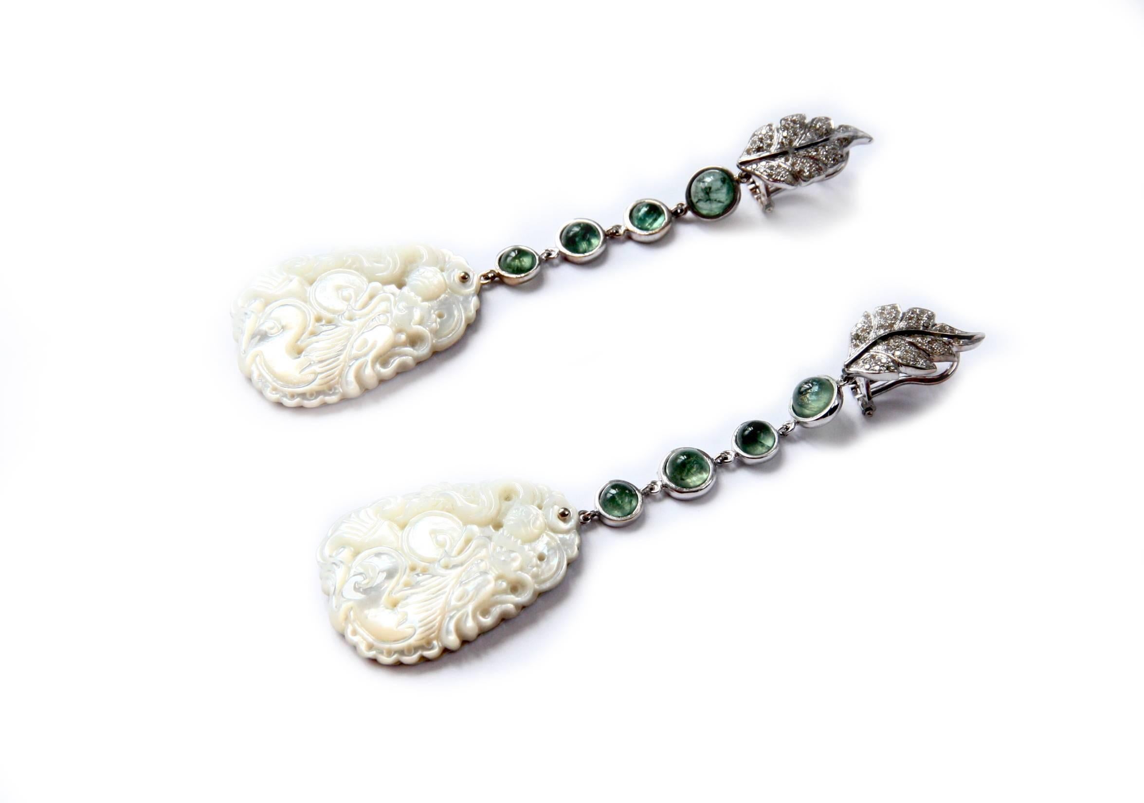 Art Deco Tourmaline Diamonds 18 Karat White Gold White Dragon Earrings For Sale