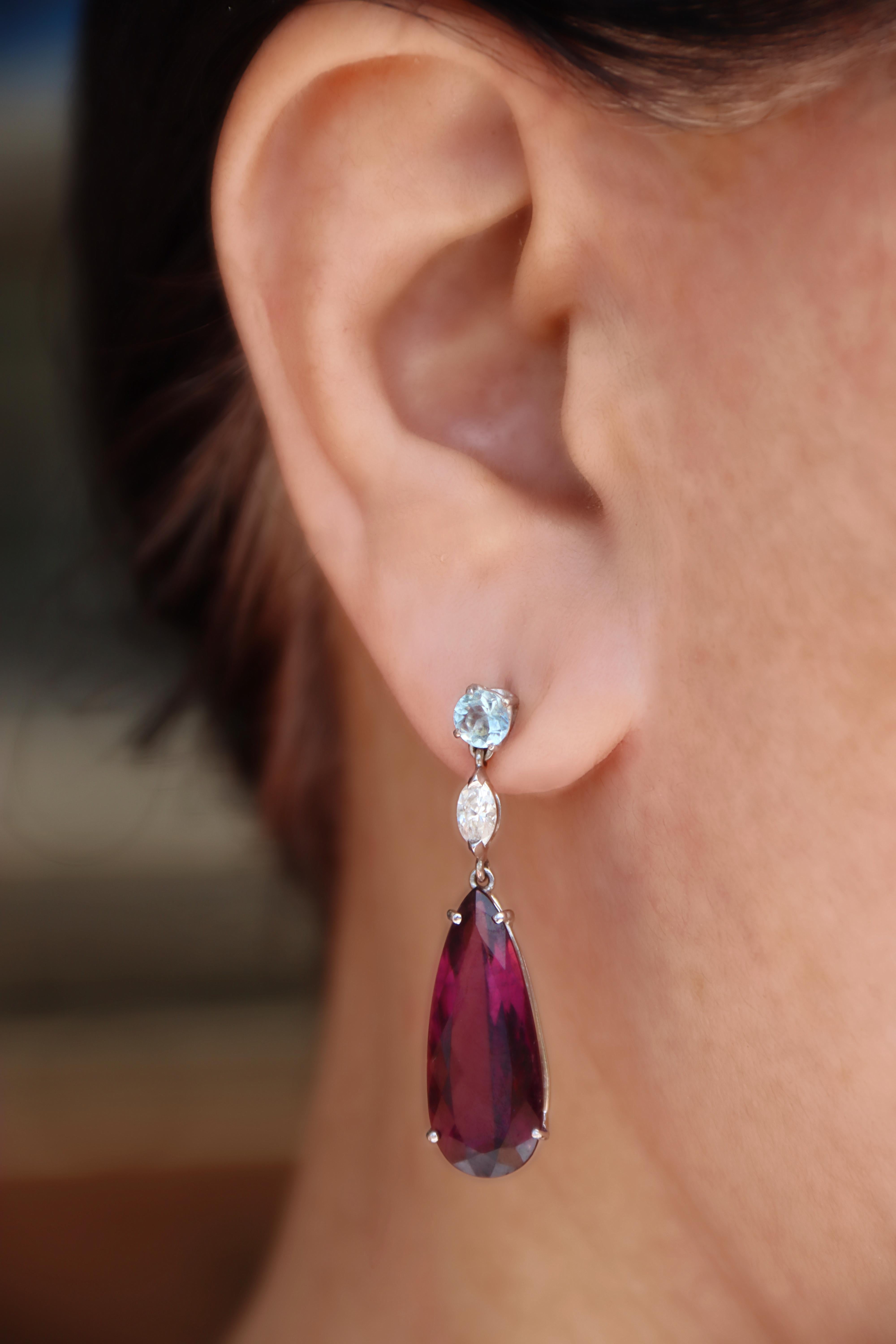 Pendants d'oreilles en or blanc 18 carats avec tourmaline, diamants et aigue-marine en vente 4