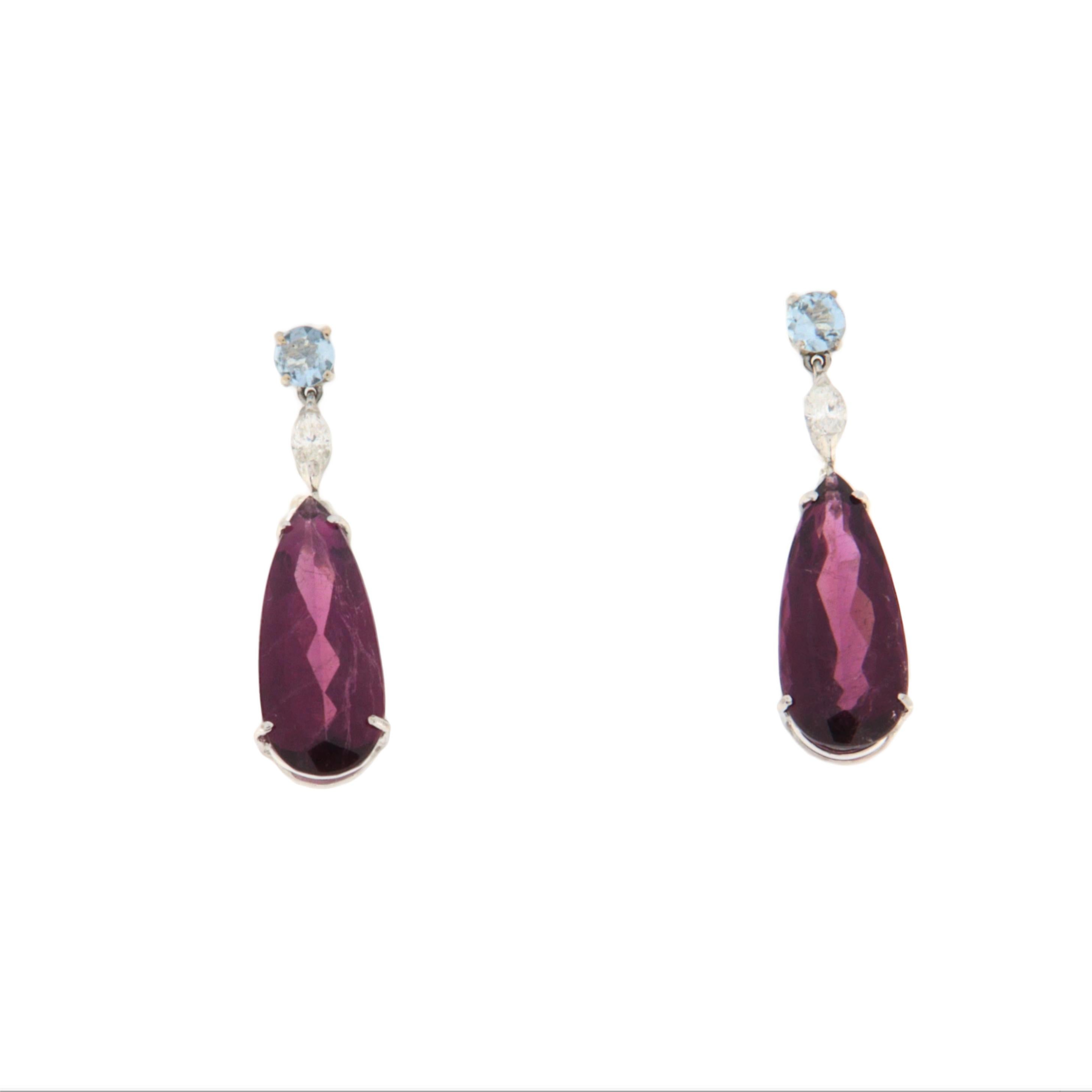 Pendants d'oreilles en or blanc 18 carats avec tourmaline, diamants et aigue-marine Pour femmes en vente