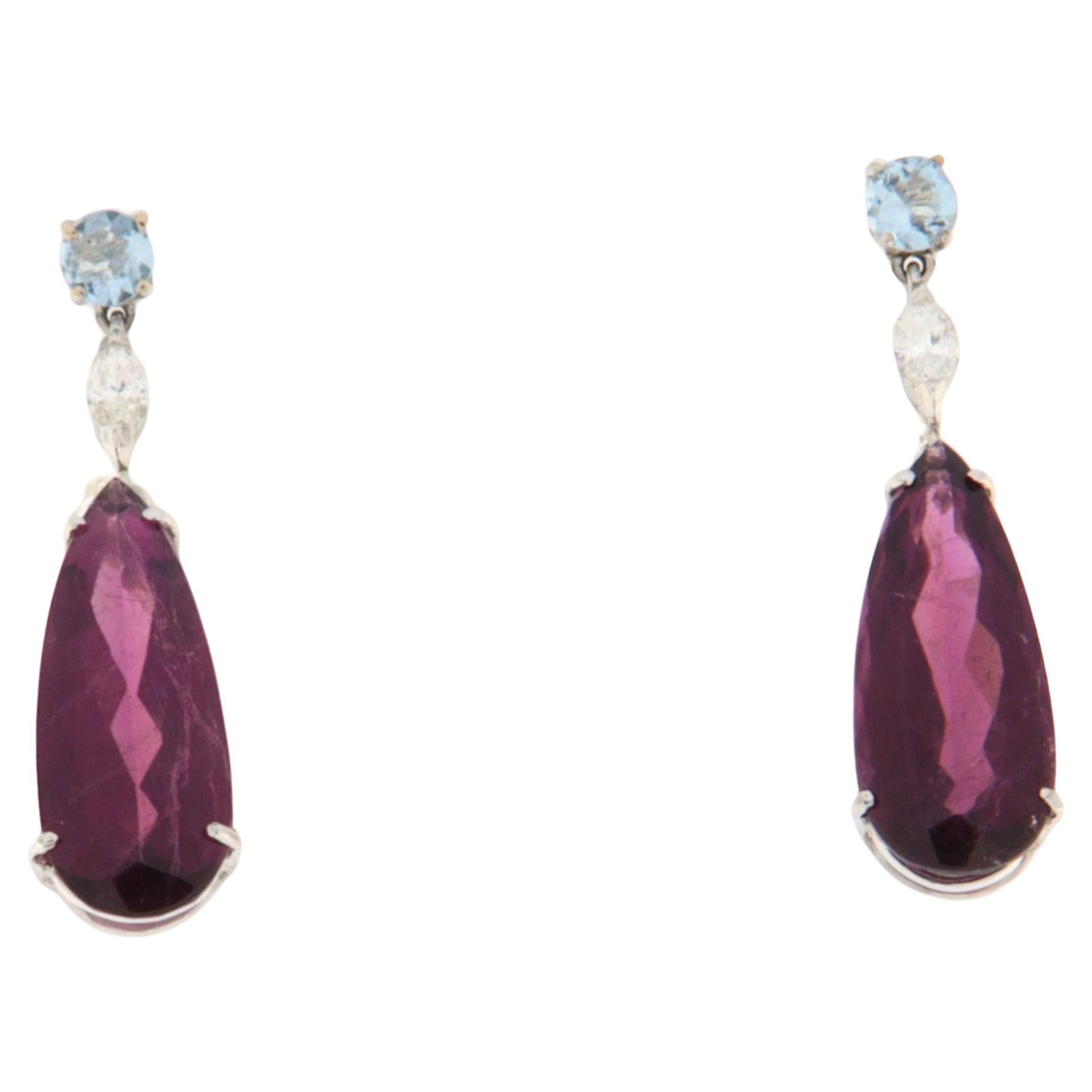Tourmaline Diamonds Aquamarine 18 Karat White Gold Drop Earrings