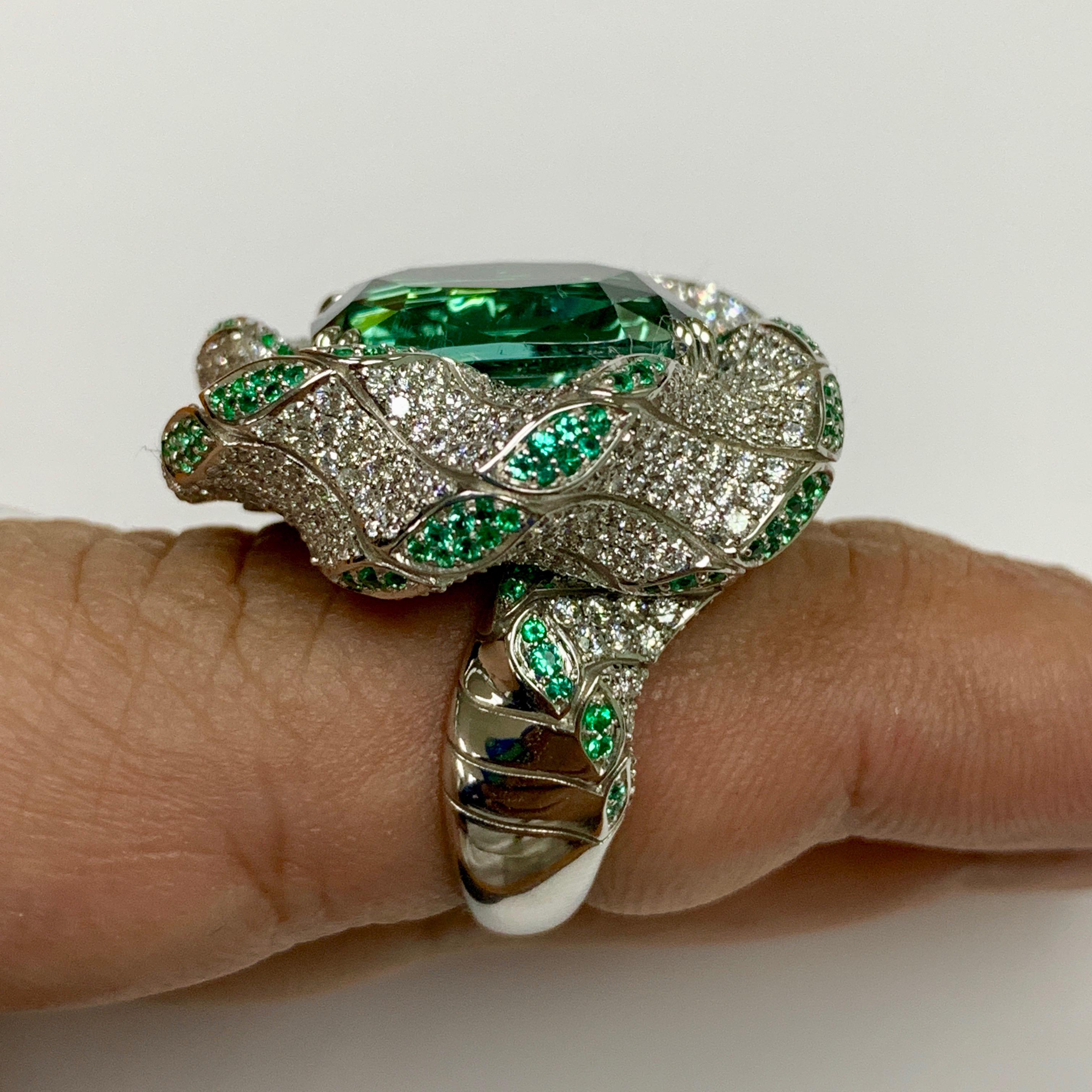 Tourmaline Diamonds Emeralds 18 Karat White Gold DNA Ring For Sale 1