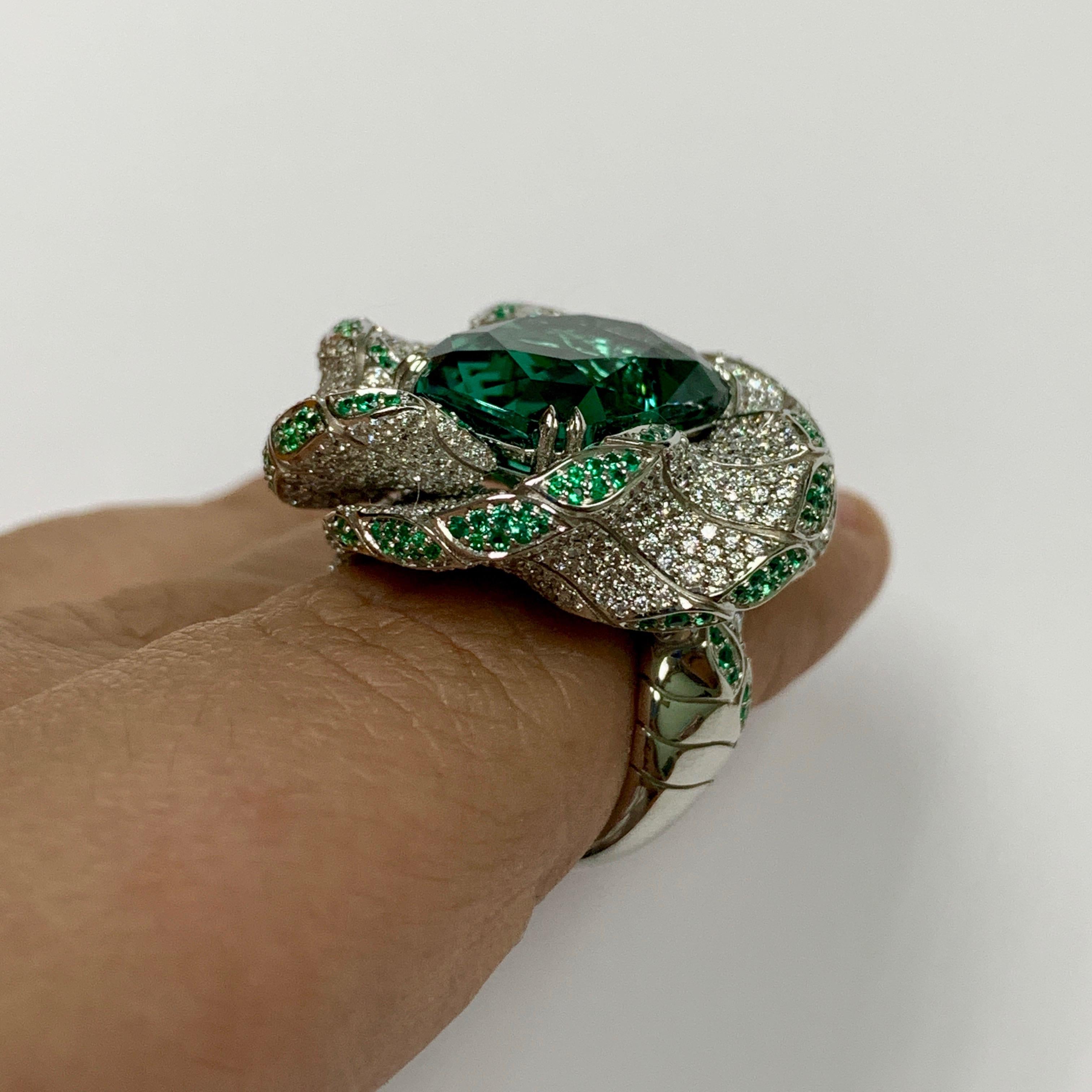 Tourmaline Diamonds Emeralds 18 Karat White Gold DNA Ring For Sale 2