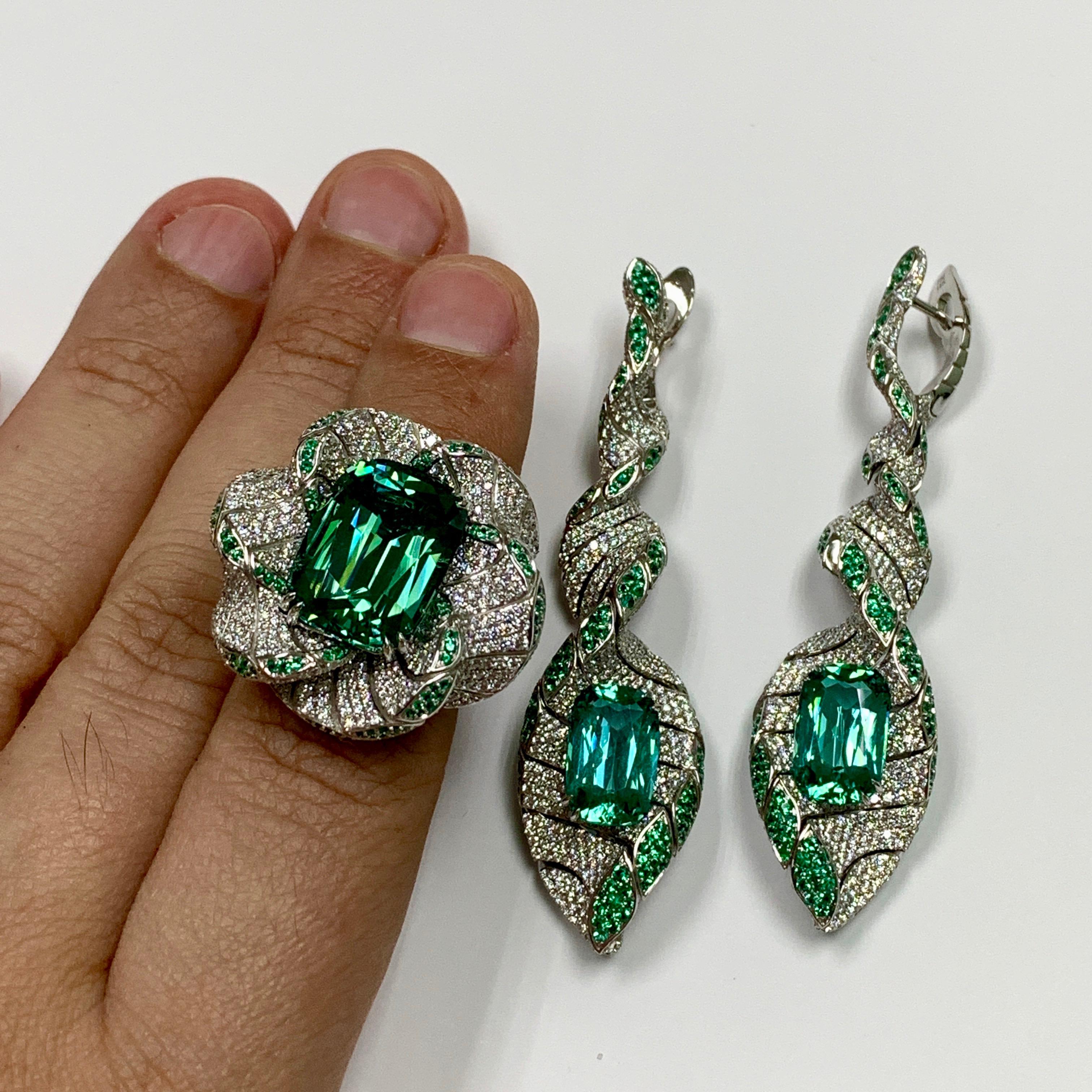 Tourmaline Diamonds Emeralds 18 Karat White Gold DNA Ring For Sale 3