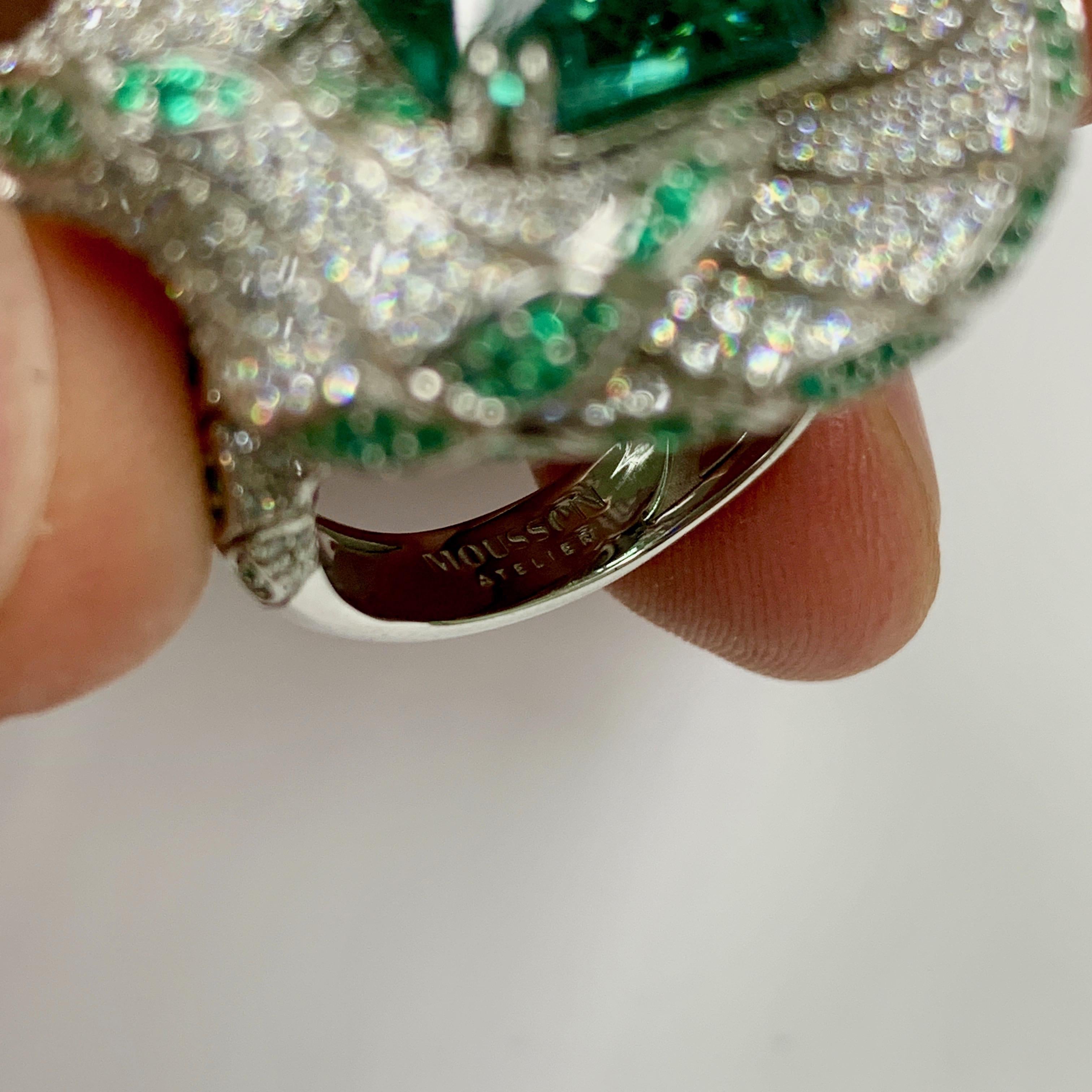 Contemporary Tourmaline Diamonds Emeralds 18 Karat White Gold DNA Ring For Sale