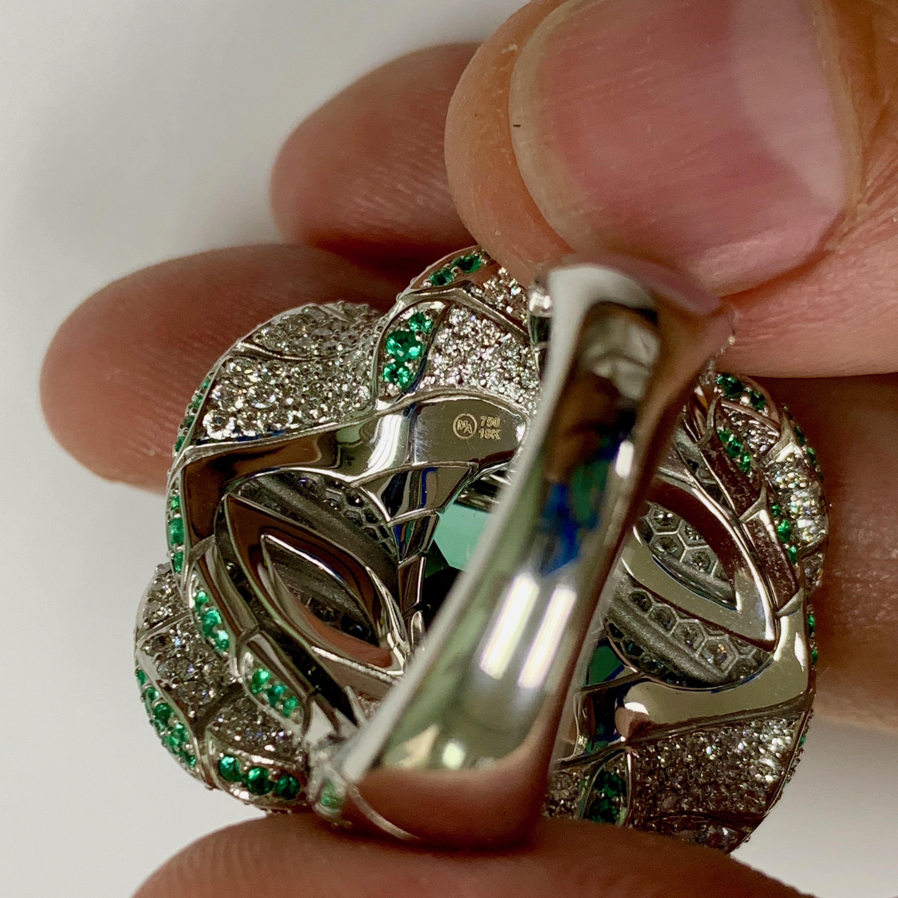 Cushion Cut Tourmaline Diamonds Emeralds 18 Karat White Gold DNA Ring For Sale