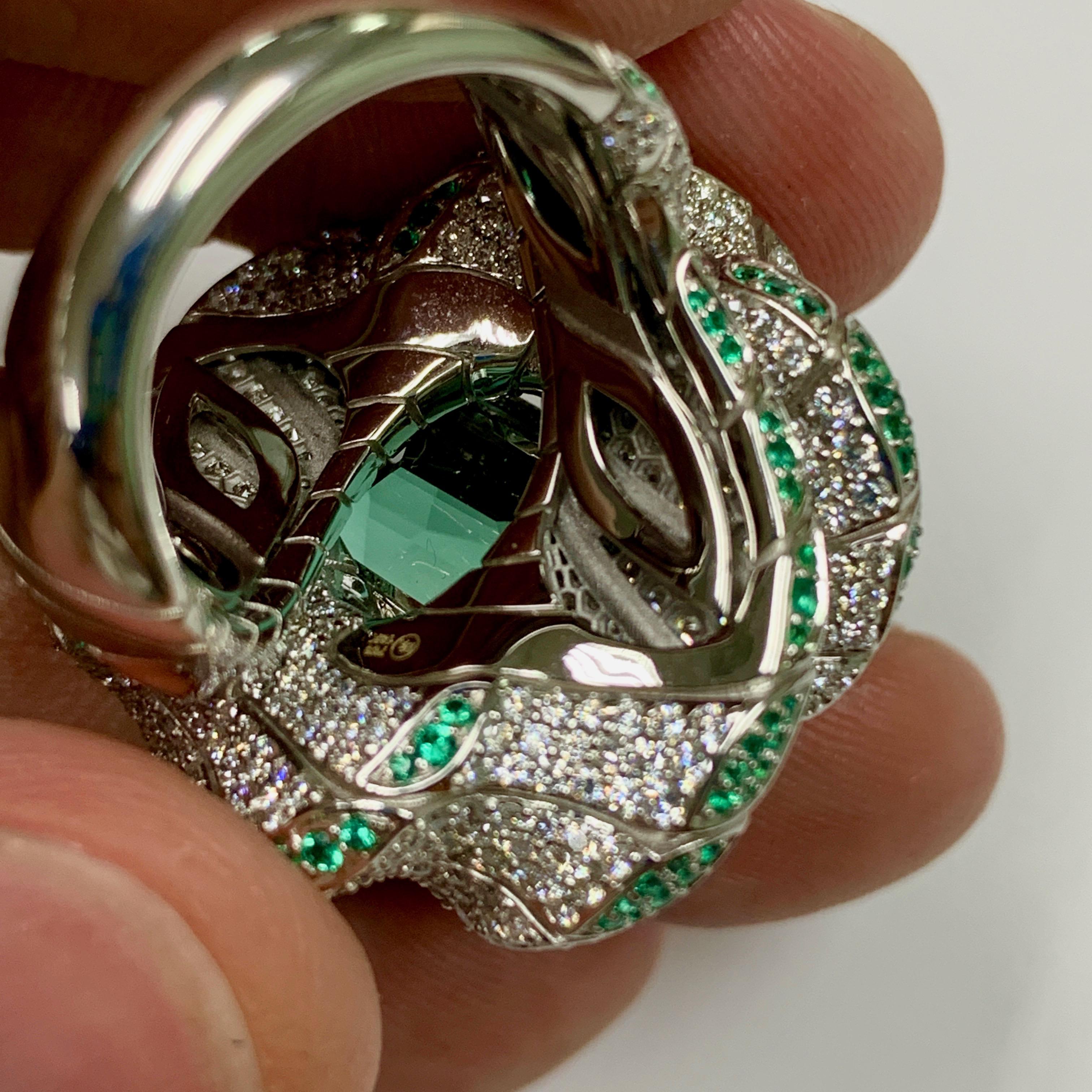 Tourmaline Diamonds Emeralds 18 Karat White Gold DNA Ring In New Condition For Sale In Bangkok, TH